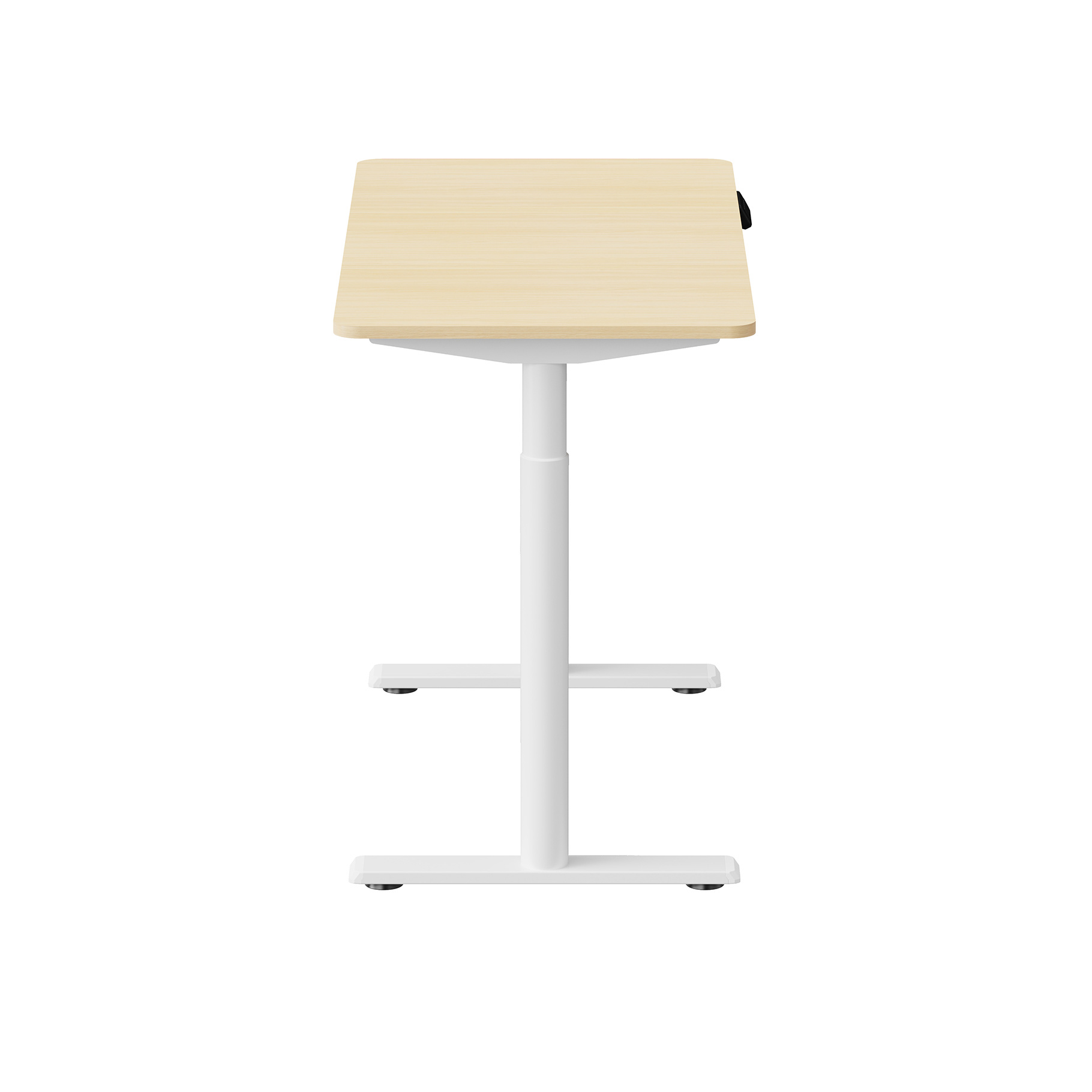 Escritorio ajustable en altura. Tapa de madera clara, marco blanco.