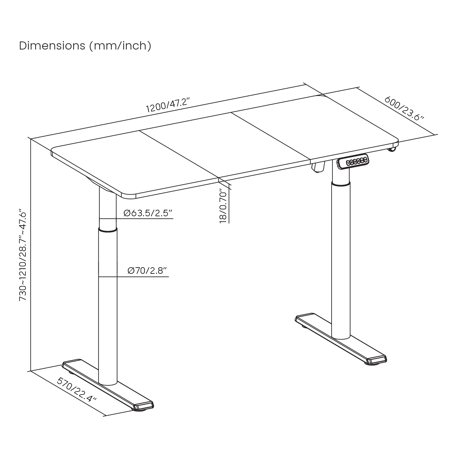 Un escritorio blanco con dimensiones mostradas. Tiene dos patas y un panel de control.