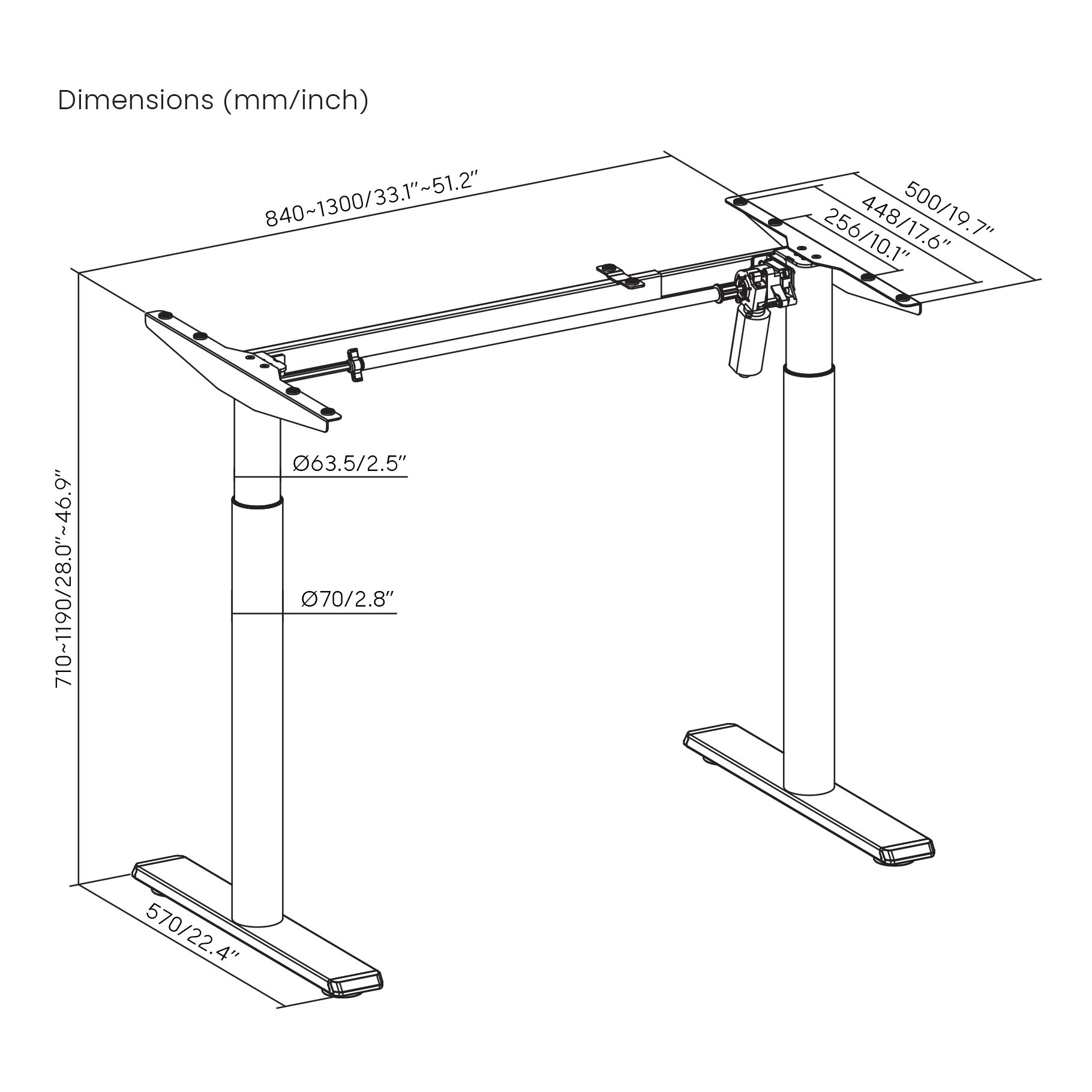 Diagrama de un escritorio regulable en altura con dimensiones en milímetros y pulgadas, líneas muestran medidas.