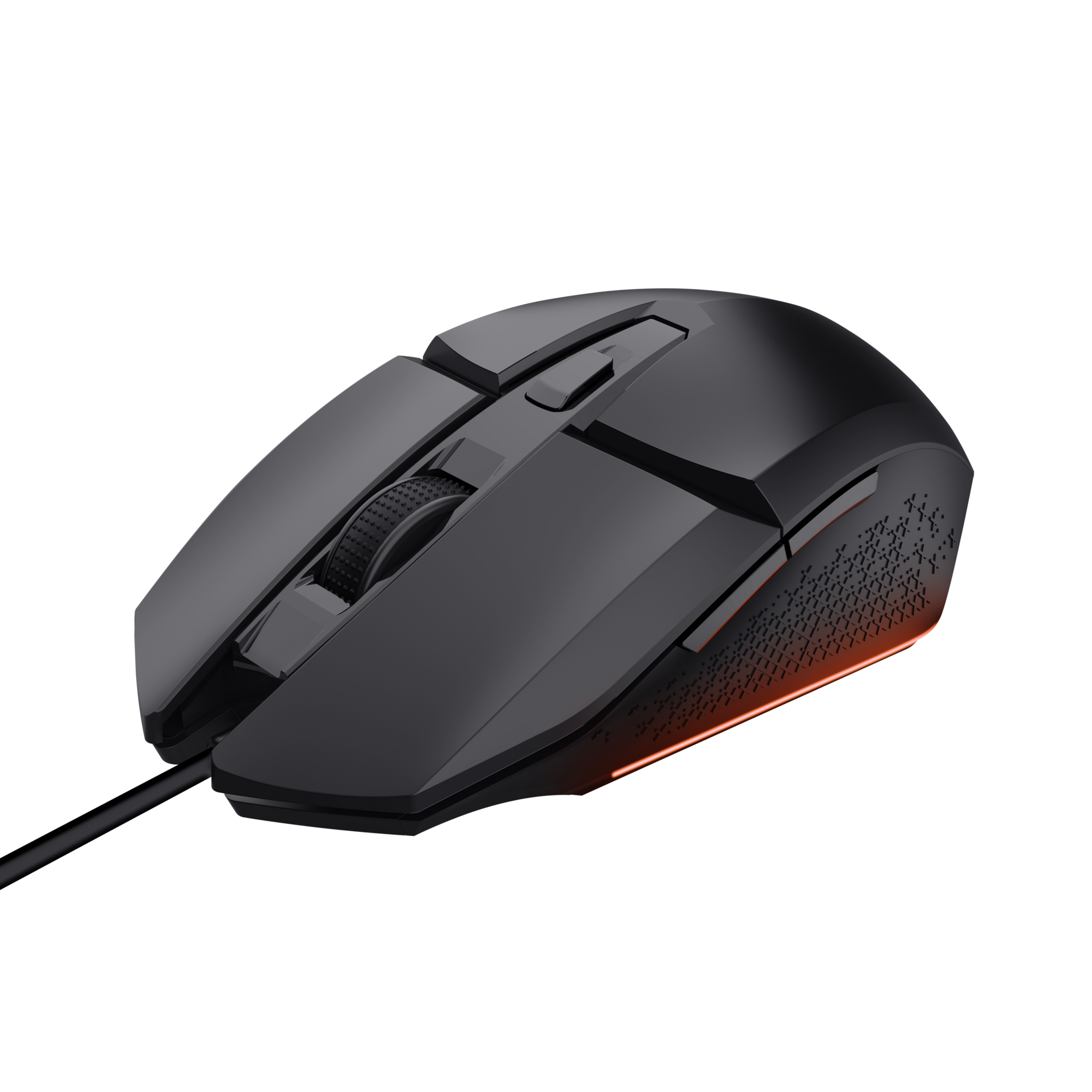 Czarna mysz do gier z kątową konstrukcją i czerwonym światłem na czarnym tle.