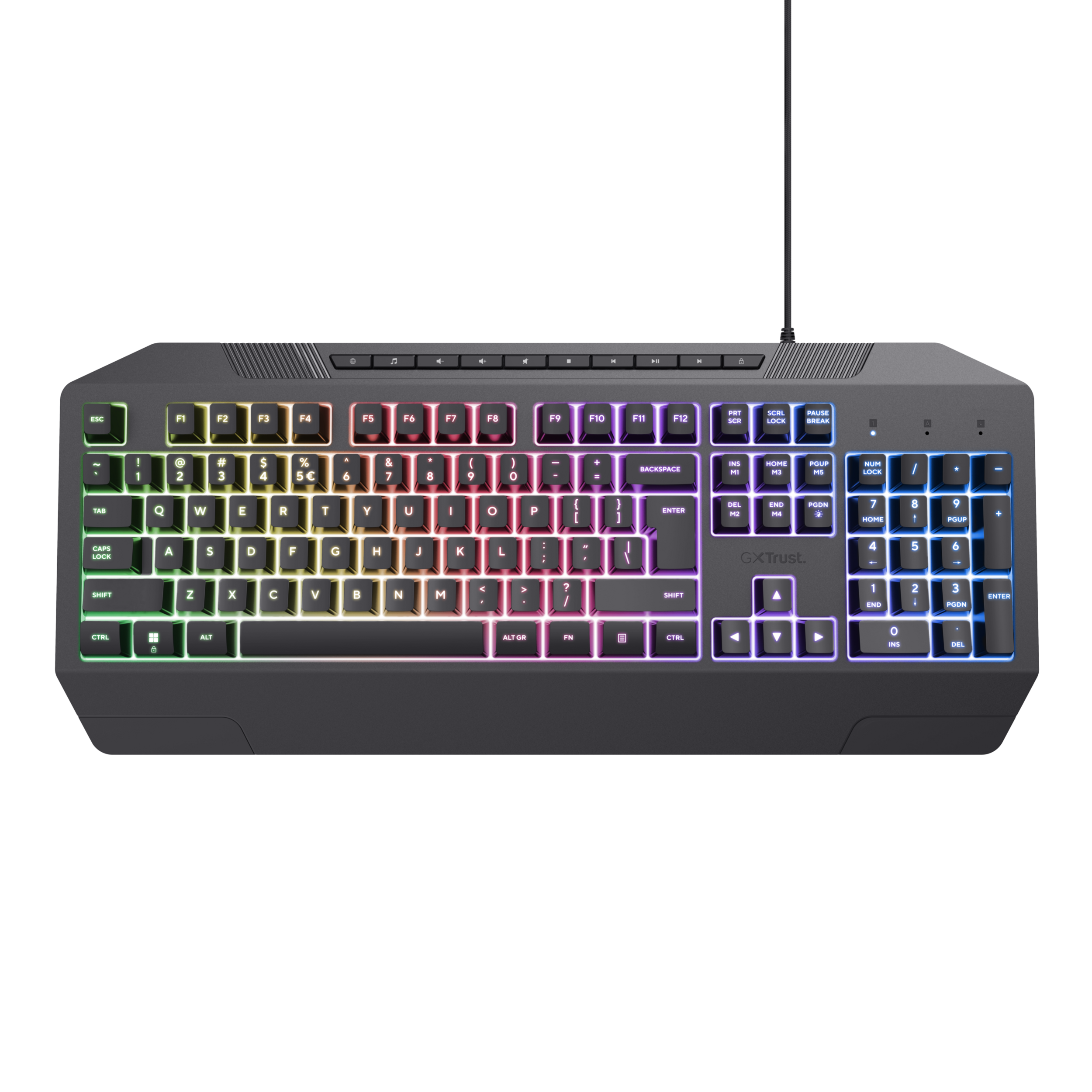 Czarna klawiatura z wielobarwnymi klawiszami. Czarna ramka z tekstem i symbolami.