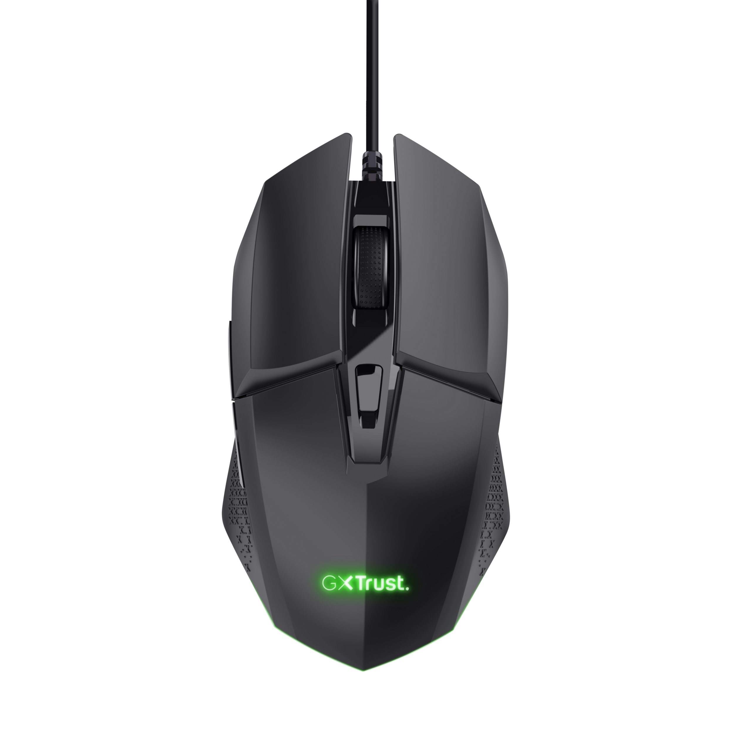 Czarna mysz gamingowa z bocznymi przyciskami i podświetlanym logo.