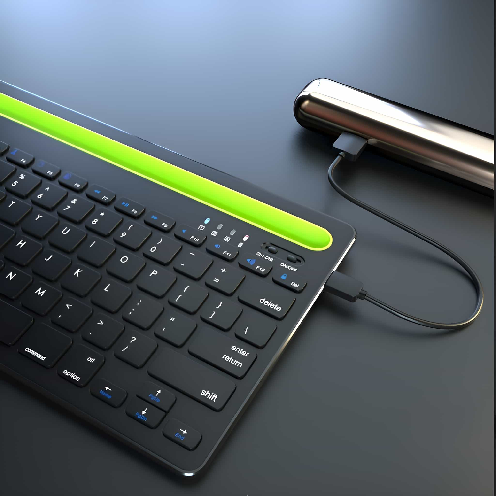 Eine schwarze Tastatur mit grünem Akzent und einem Metallzylinder, verbunden durch ein USB-Kabel.