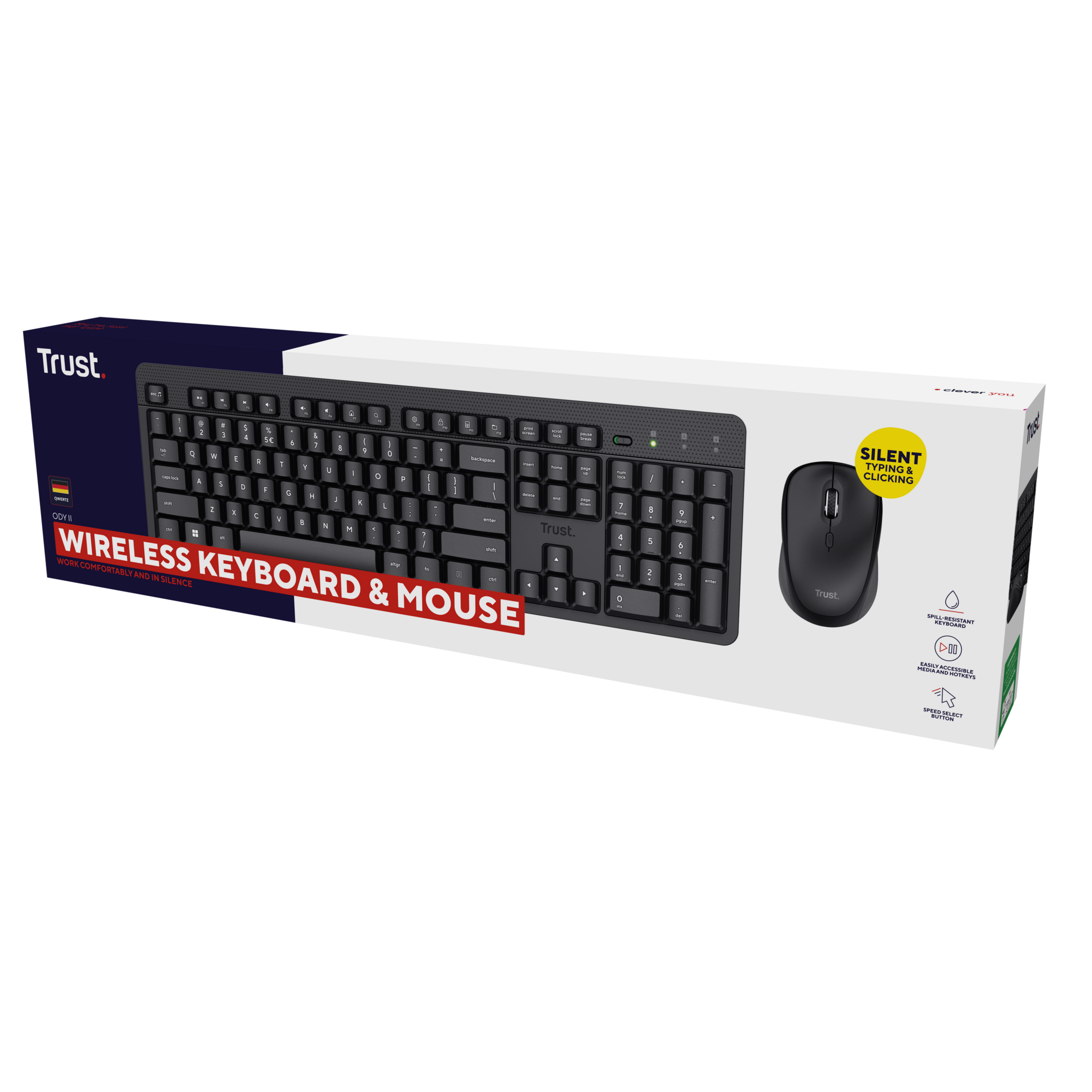 Zestaw bezprzewodowej klawiatury i myszy w pudełku. Czarna klawiatura i mysz, białe pudełko z tekstem i logo.