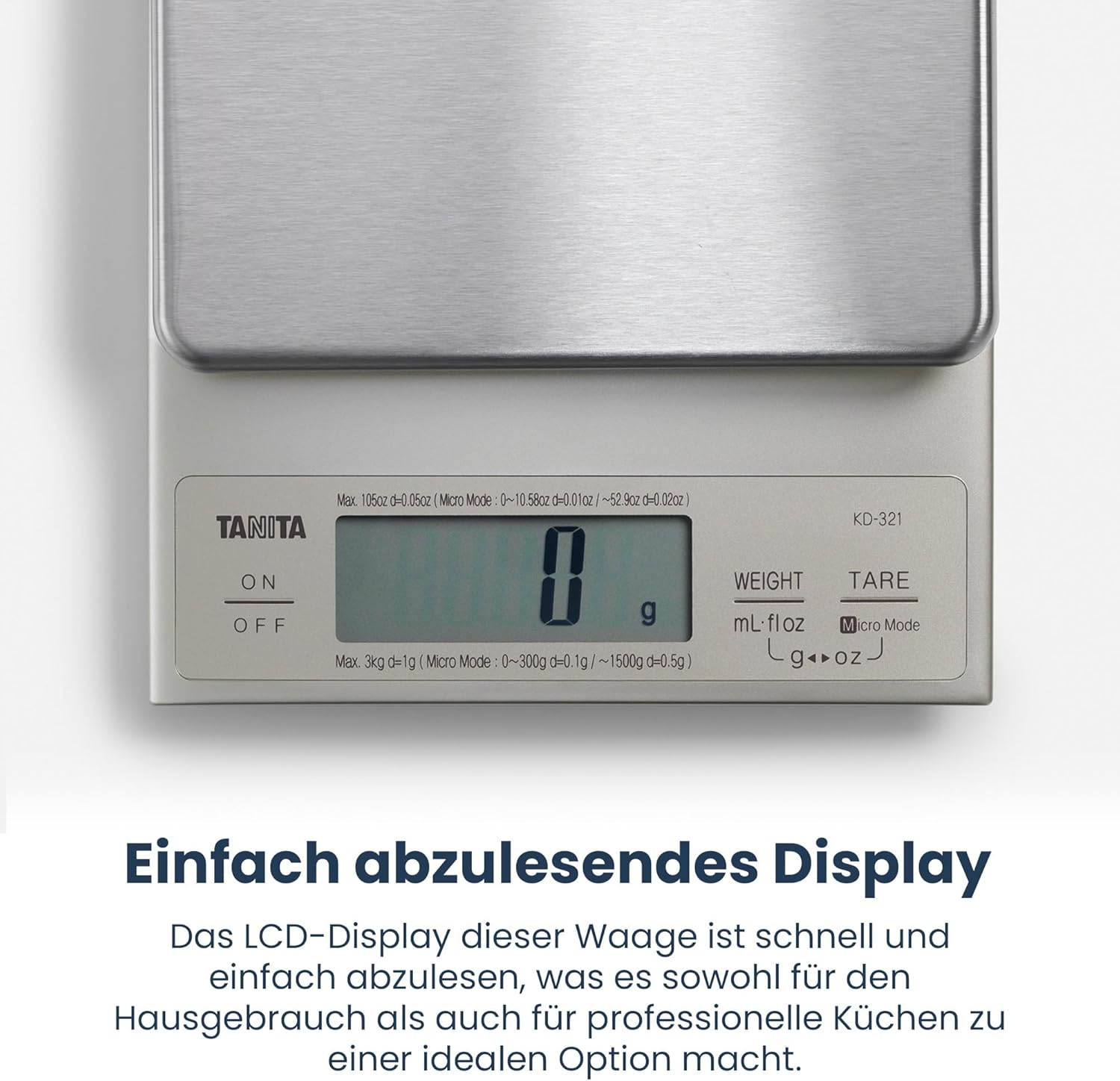 Eine digitale Küchenwaage mit einer Anzeige, die ein Gewicht von null Gramm zeigt.