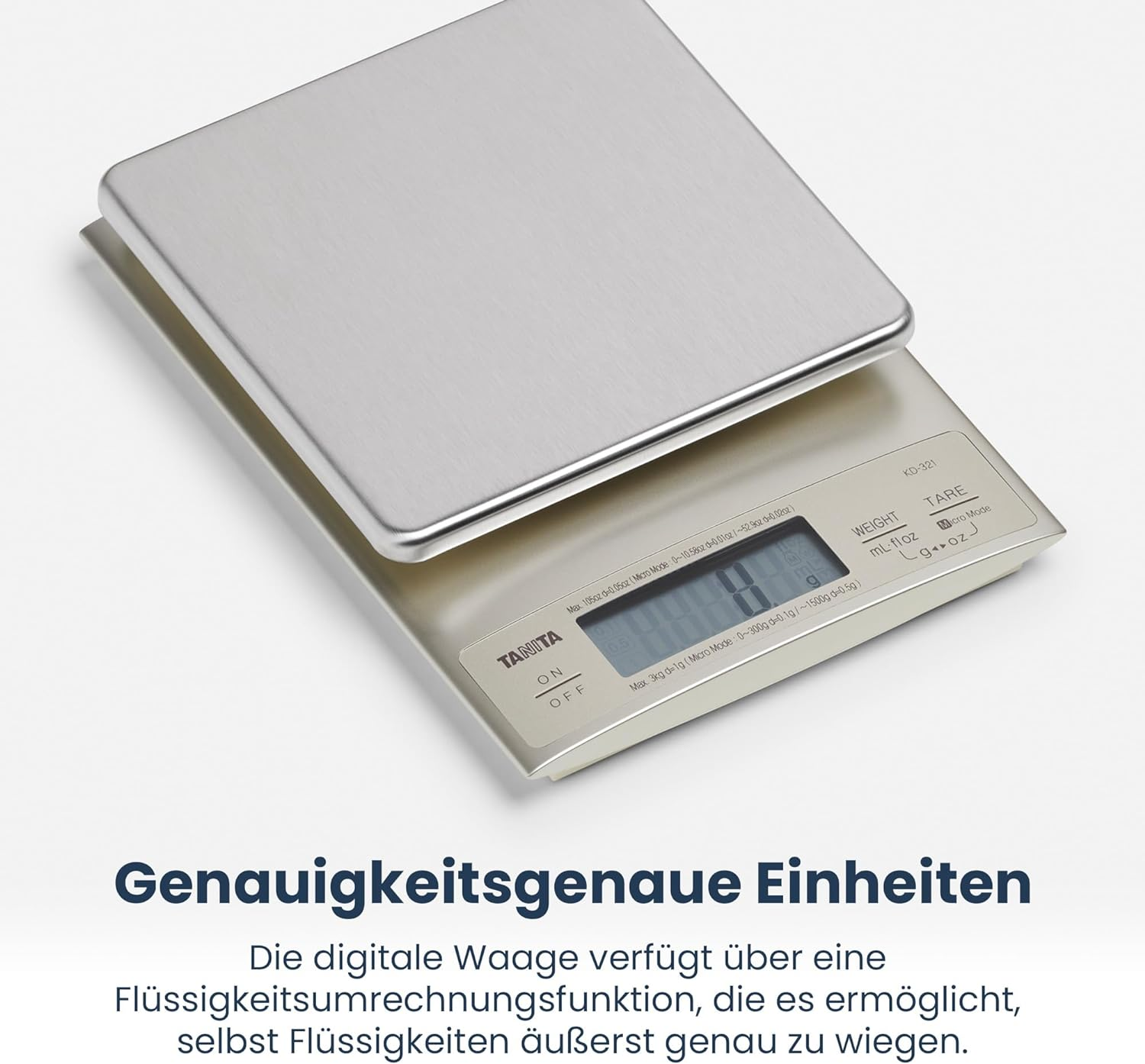 Digitale Waage mit Edelstahloberfläche, die das Gewicht anzeigt. Text-Overlay.