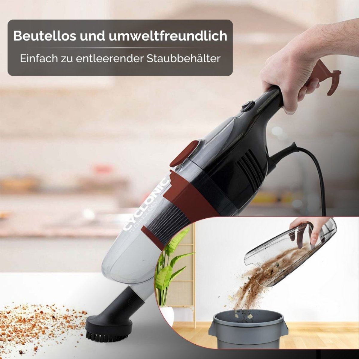 Eine Person benutzt einen schwarz-roten Handstaubsauger. Staub wird von einer Oberfläche aufgesaugt. Eine Pflanze ist in der Nähe.