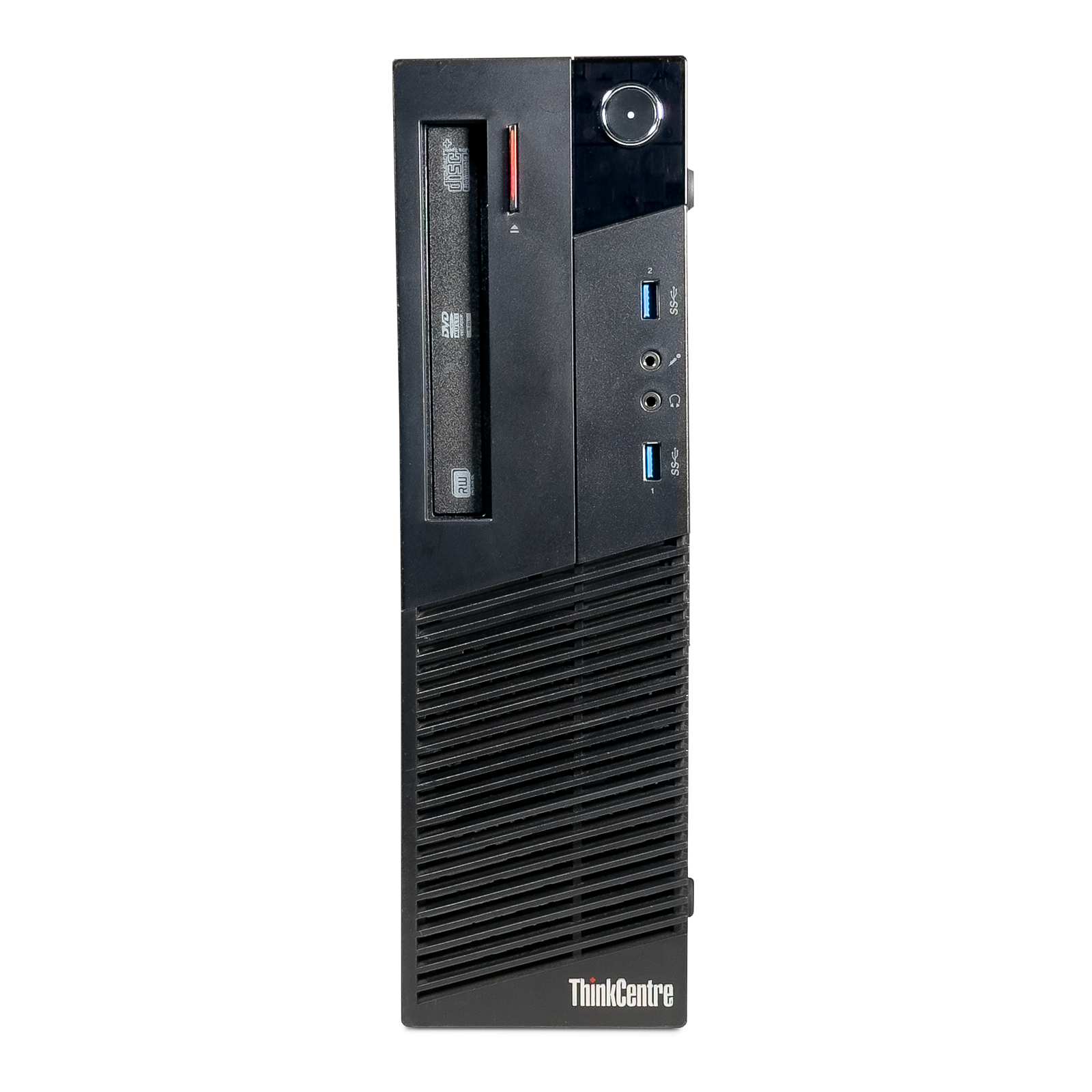 Schwarzer ThinkCentre-Computerturm. Die Vorderseite hat ein CD-Laufwerk und Anschlüsse.