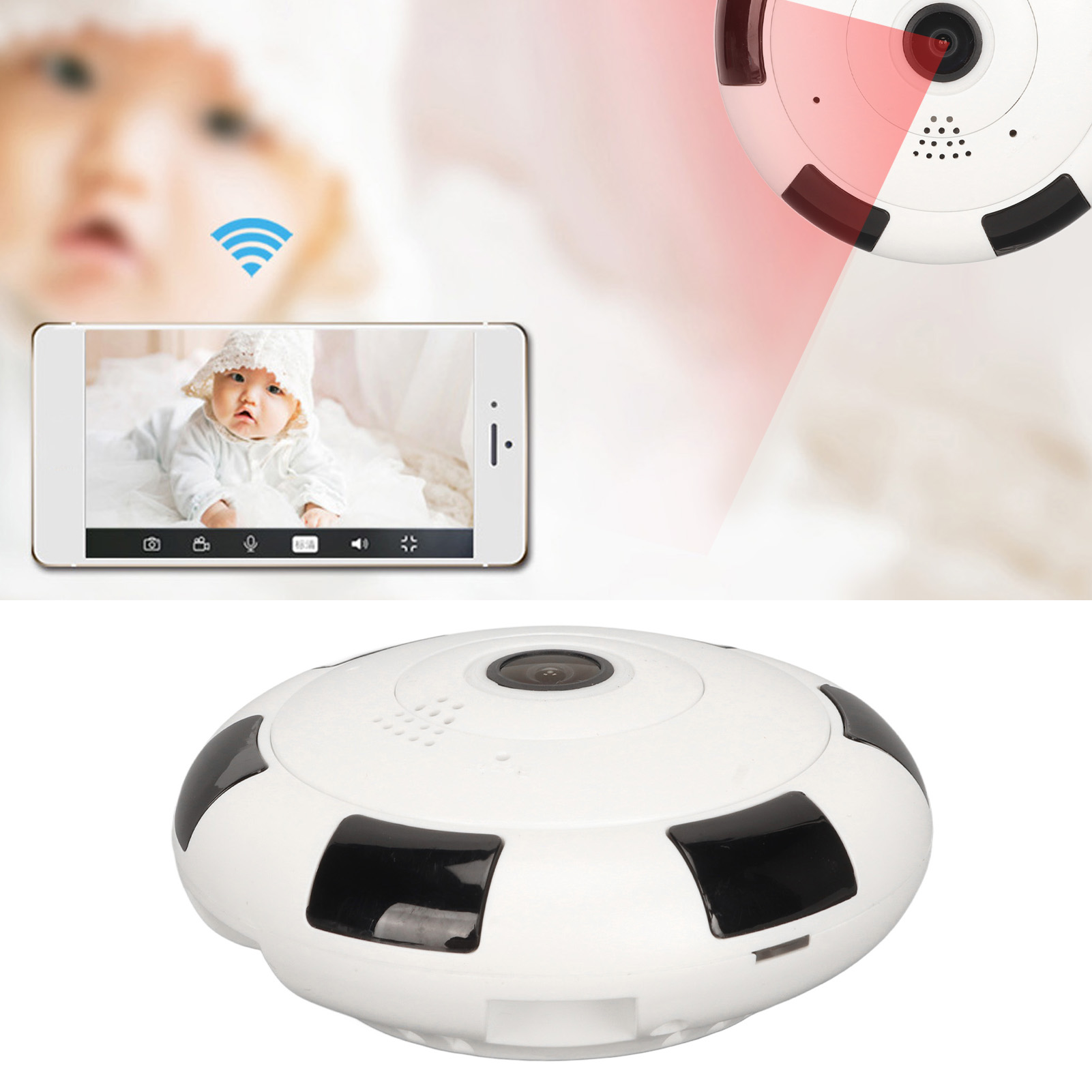Ein Babyphone und ein Telefon, das ein Baby zeigt, mit einer weißen und schwarzen Kamera von oben.