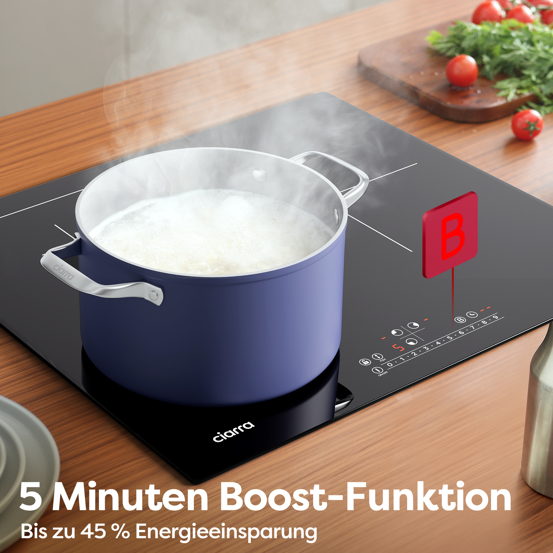 Black induction cooktop with boiling blue pot. Red 'B' indicator. Text: 5 Minuten Boost-Funktion.