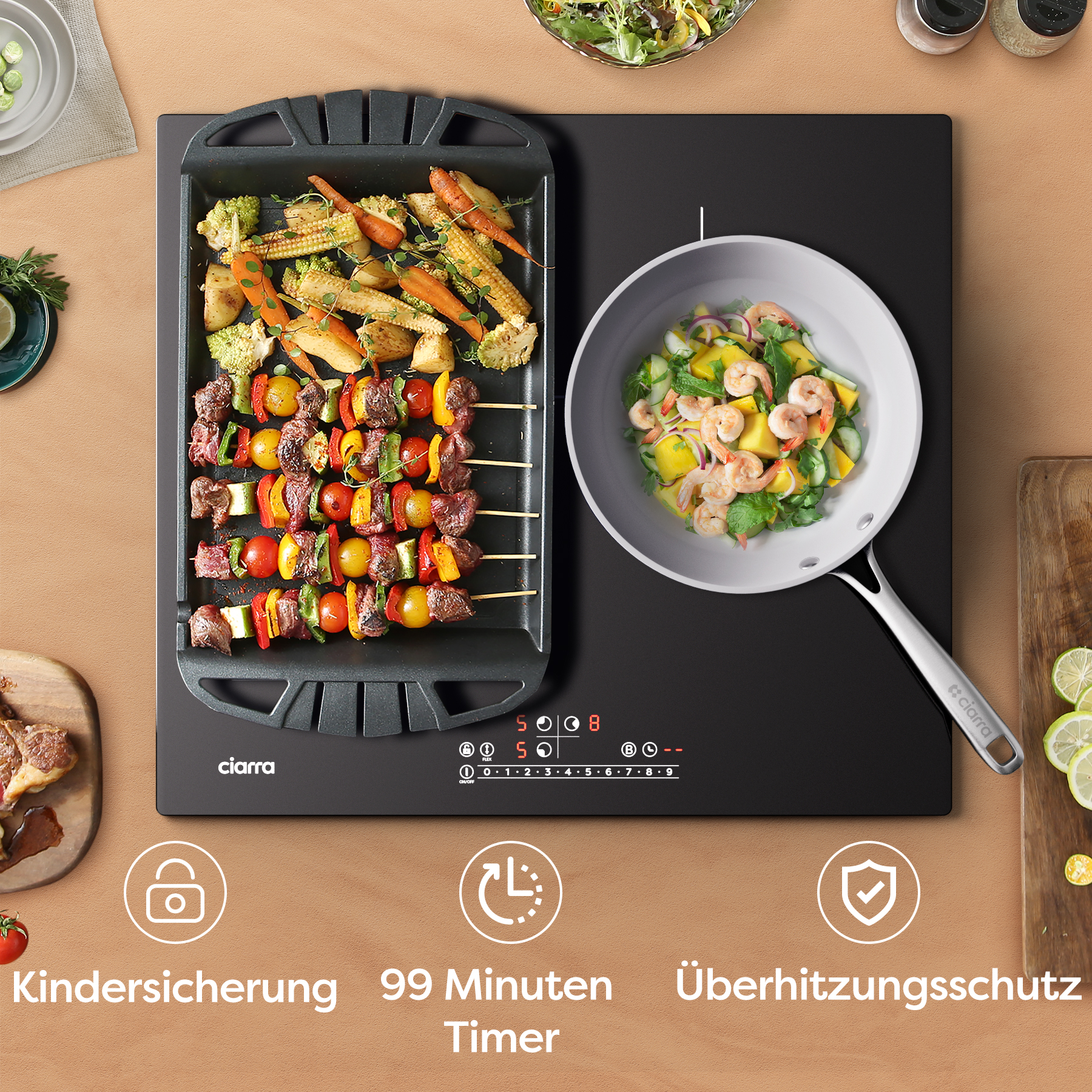 Cooktop with grill, pan of food, plus icons for child safety, timer, and overheat.