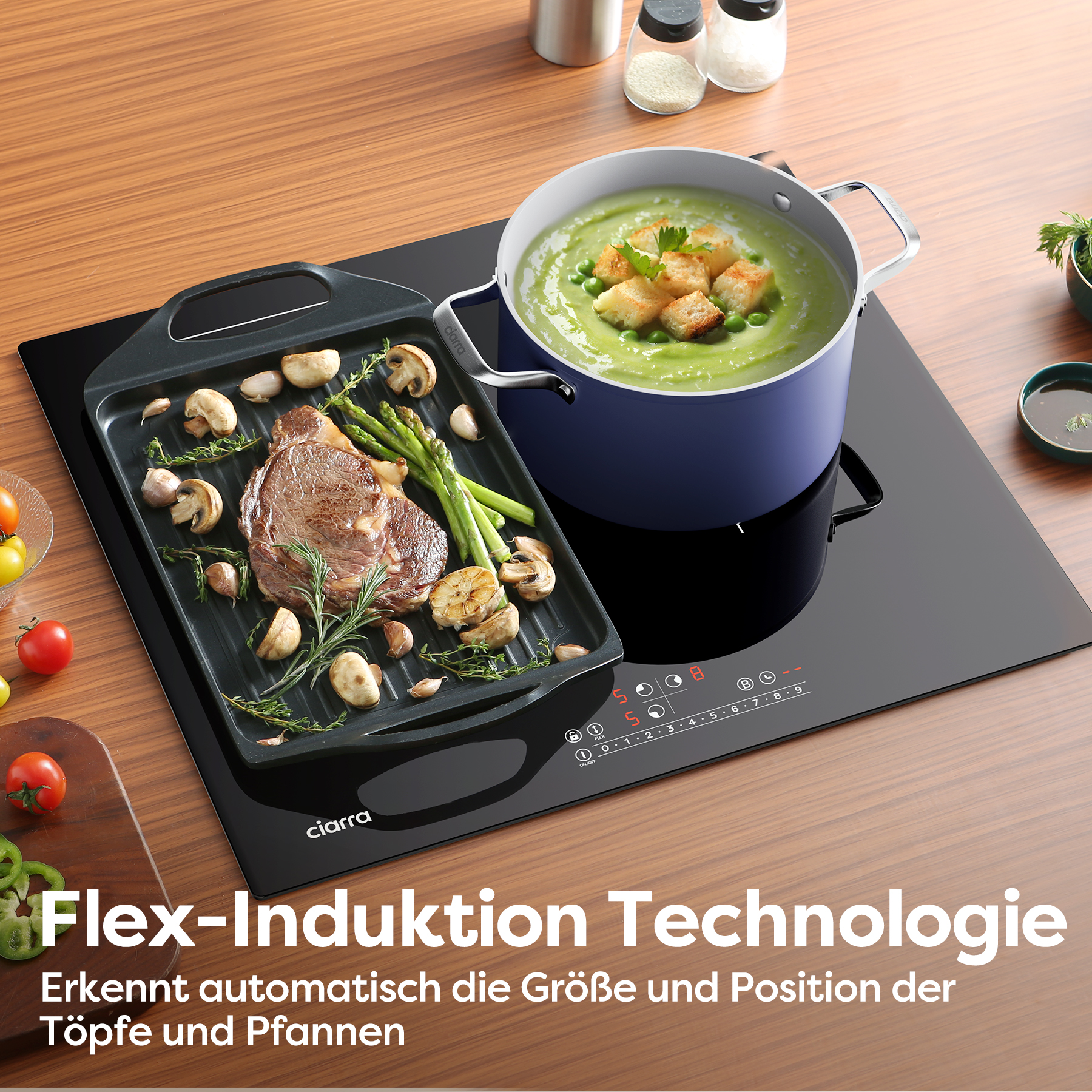 An induction cooktop with a steak and vegetables on a grill pan, a pot of soup, and text.