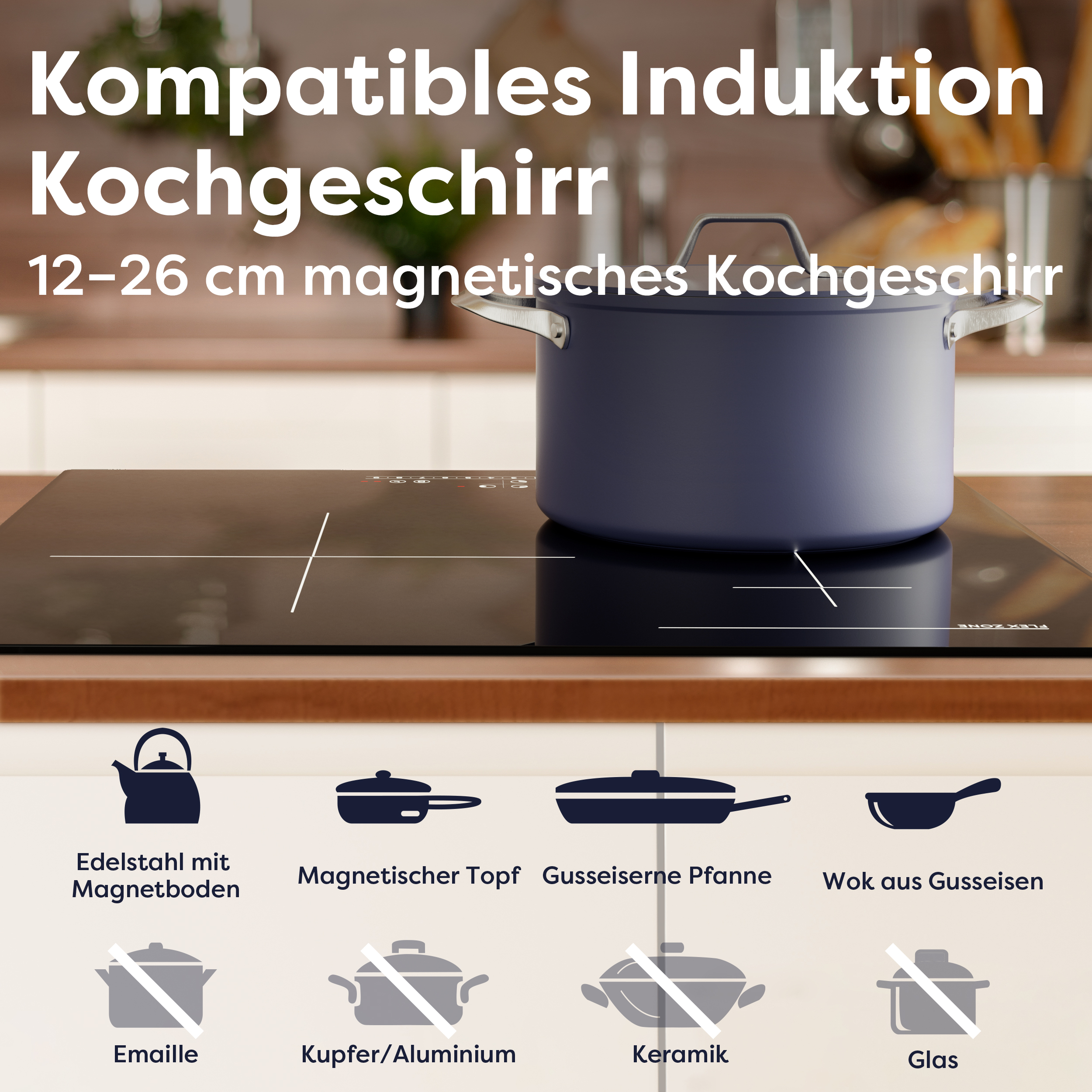 Black induction cooktop with a blue pot on it. Various cookware below, with their compatibility labels.