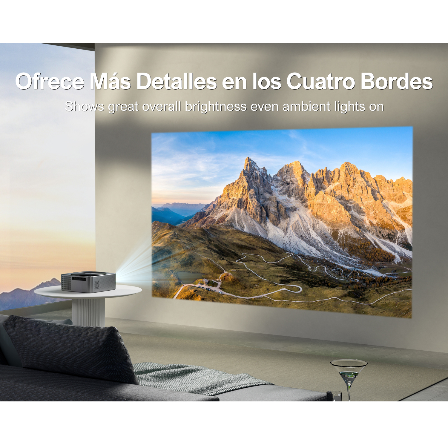 Un proyector muestra una escena de montañas en una pared. Un proyector moderno sobre mesa blanca.