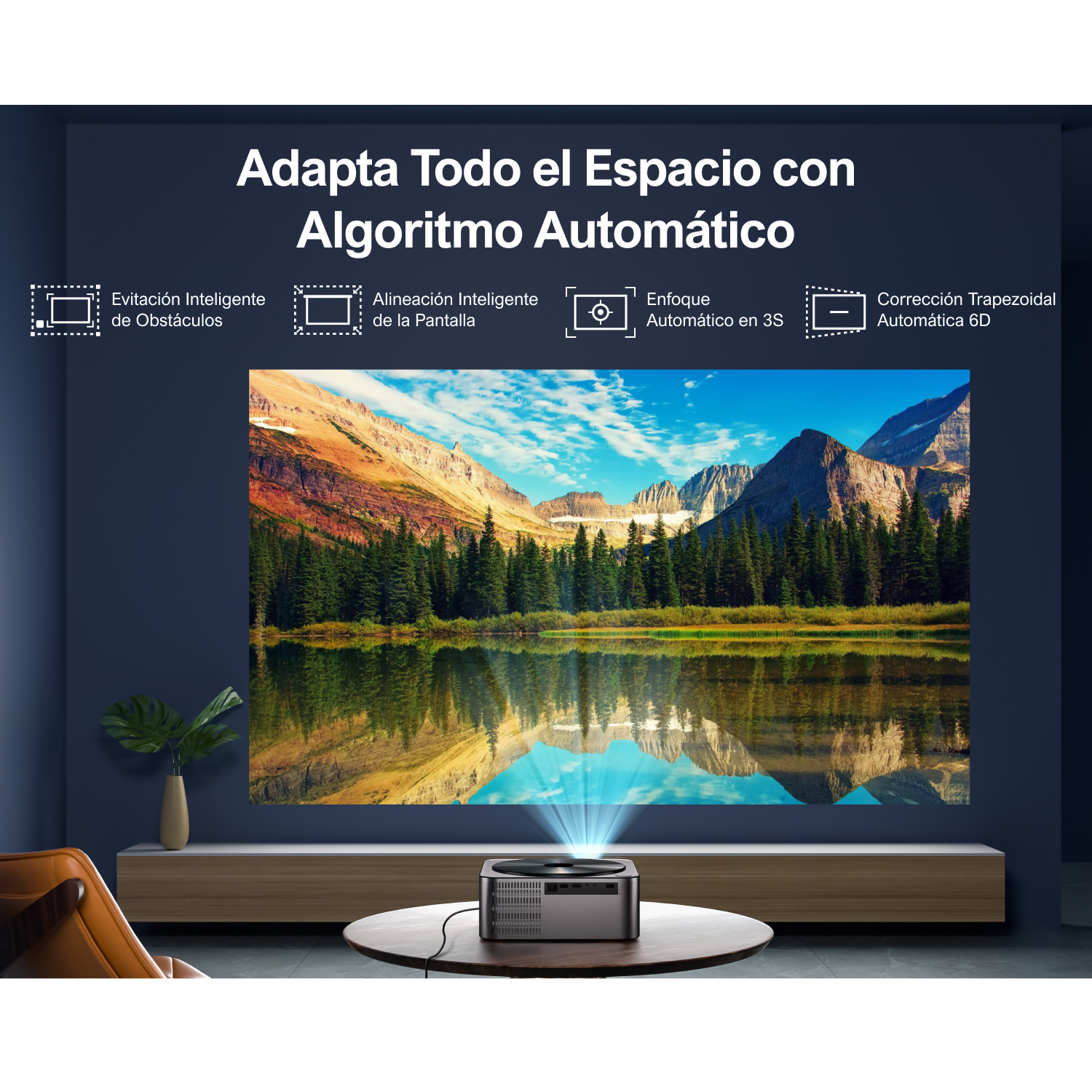 Un proyector en una mesa proyectando una imagen de montañas y un lago, con texto adicional.
