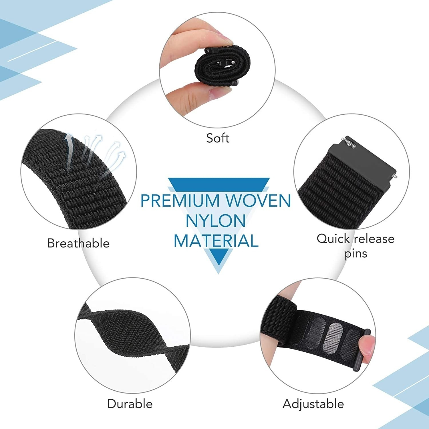Ein Diagramm, das verschiedene Aspekte eines schwarzen Nylon-Uhrenarmbands zeigt: atmungsaktiv, strapazierfähig und verstellbar.
