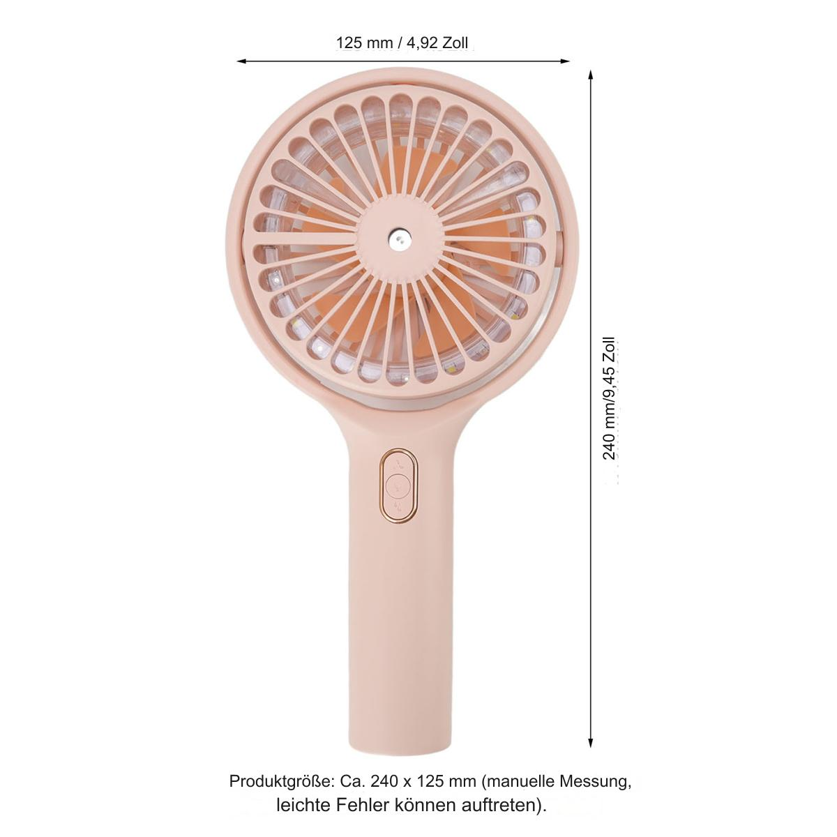 Ein rosa Handventilator mit den Maßen 125 mm x 240 mm. Weißer Hintergrund.