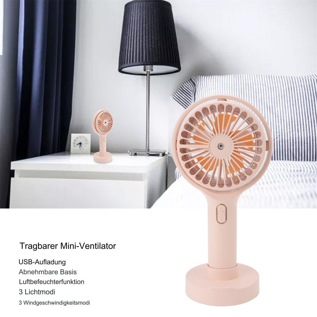 Rosa Mini-Ventilator mit Basis. Text: Tragbarer Mini-Ventilator. USB-Aufladung, abnehmbare Basis.