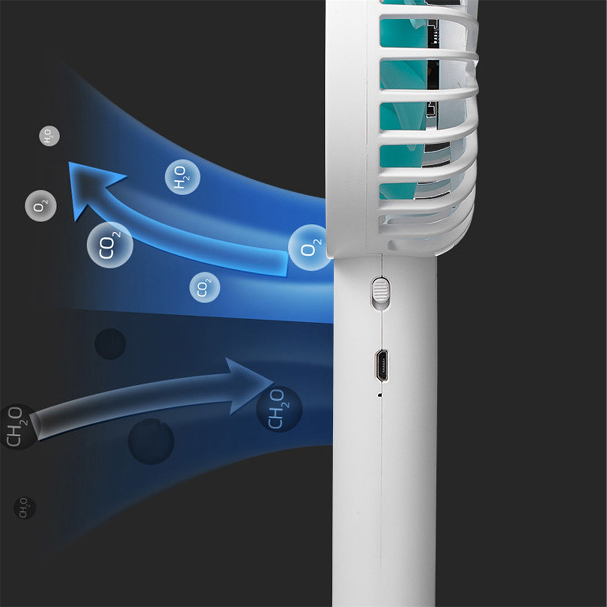 Weißer Handventilator, Luftstrom illustriert, Moleküle beschriftet, dunkler Hintergrund.