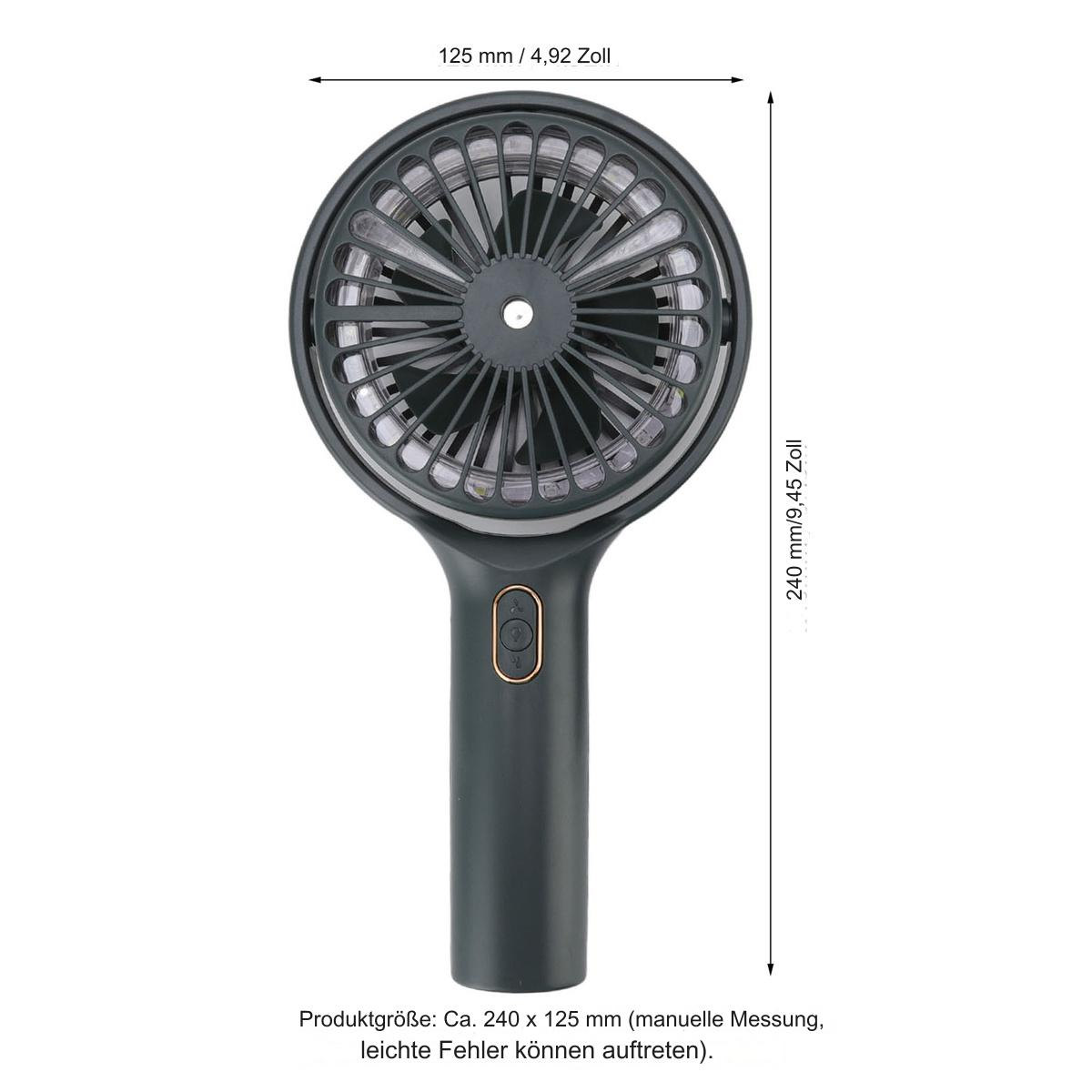 Tragbarer Ventilator mit Griff. Dunkelgrau. Oberteil mit Lüfterflügeln. Maße auf Deutsch.