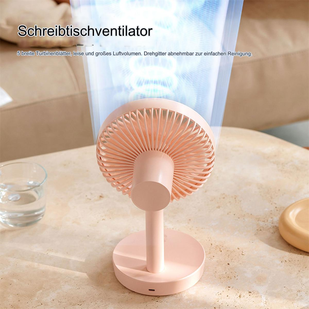 Rosa Schreibtischventilator. Die Basis ist rund. Die Flügel sind rosa.