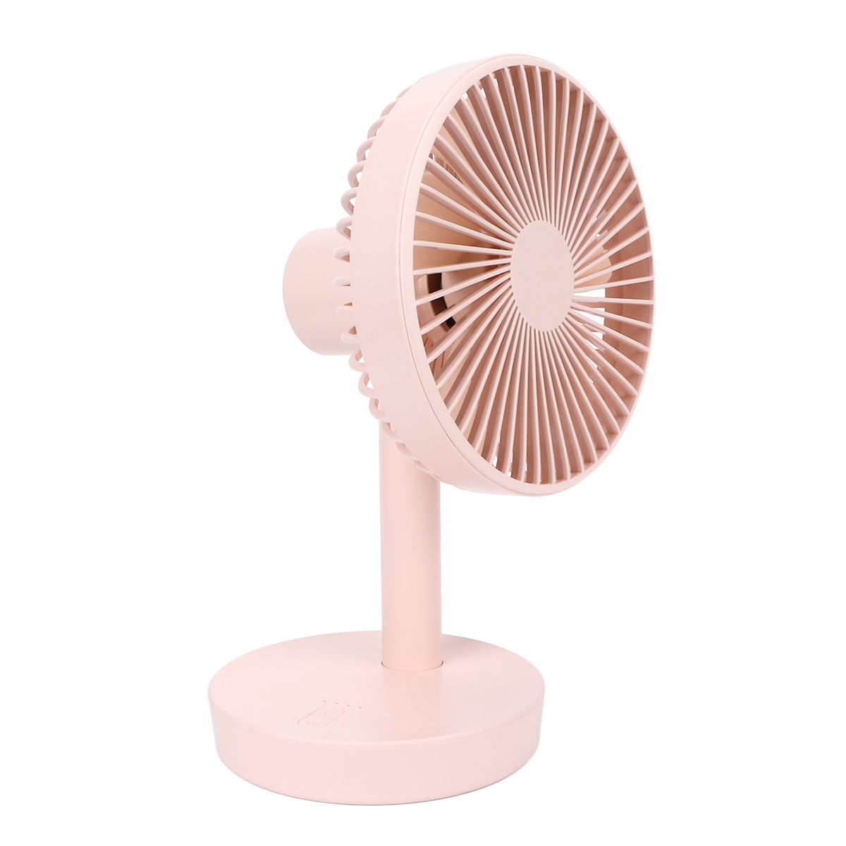 Rosa Mini-Ventilator. Der Ventilator hat einen kreisförmigen Kopf und einen Sockel, auf weißem Untergrund.