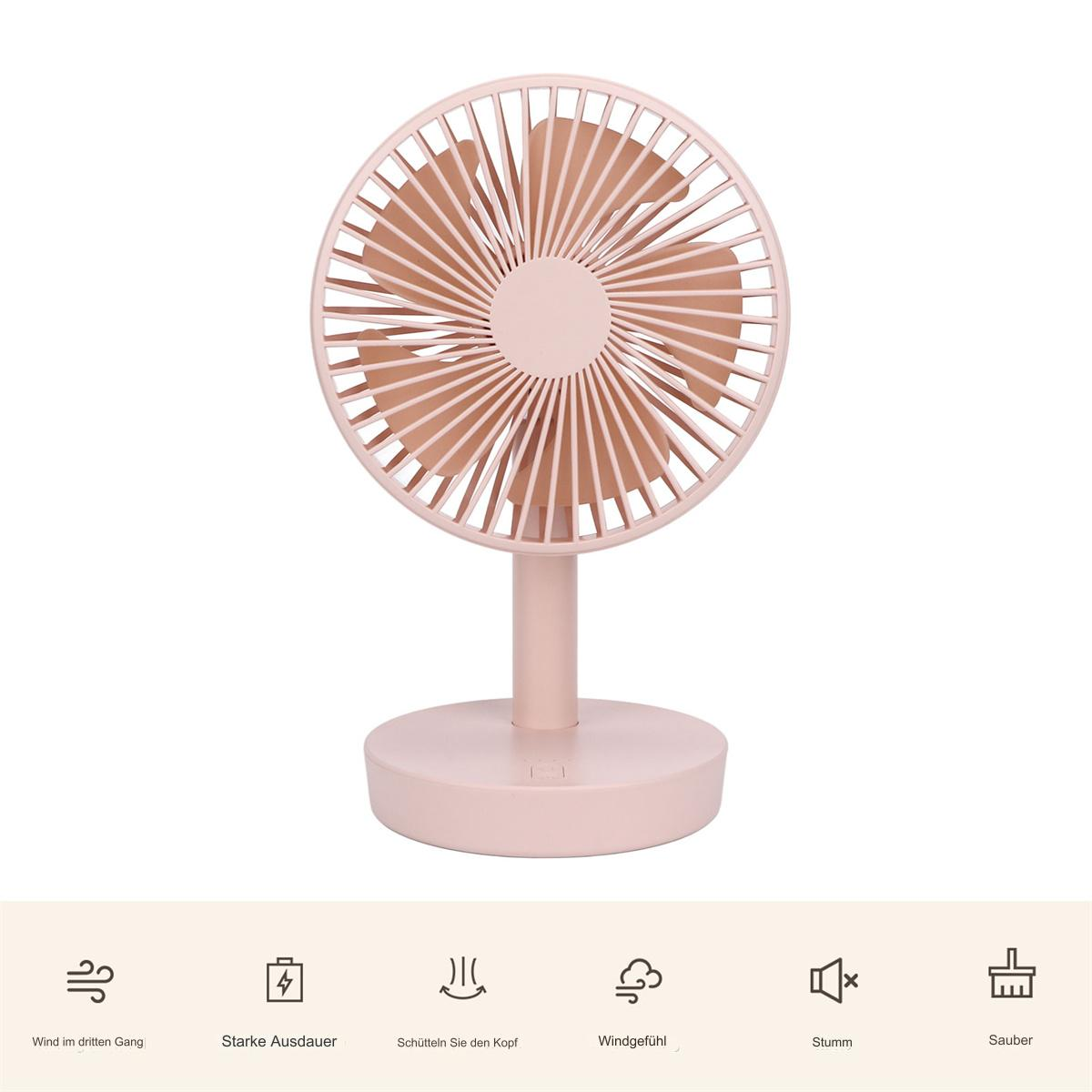 Ein rosa Schreibtischventilator mit rundem Kopf und Ständer, vor weißem Hintergrund.