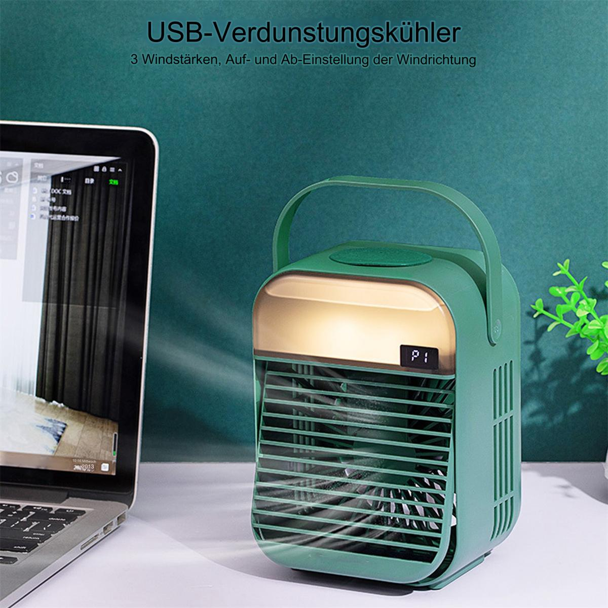 Grüner Luftkühler mit Griff. Laptop, grüne Pflanze und Text: USB-Ventilator, 3 Windgeschwindigkeiten, Auf-Ab-Einstellung.