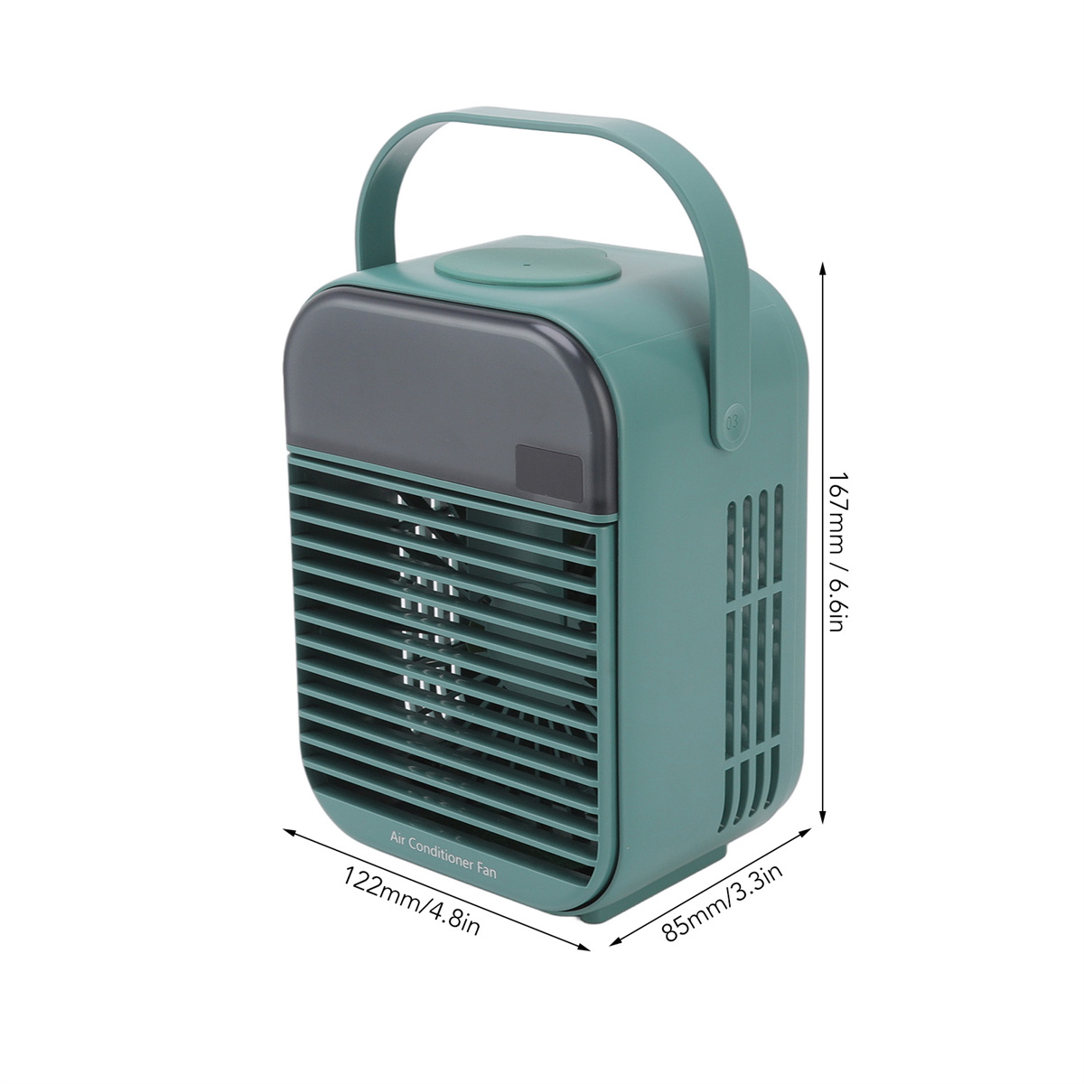 Tragbarer Klimaanlagenventilator. Grüne Farbe mit Griff. Hat die angezeigten Abmessungen.