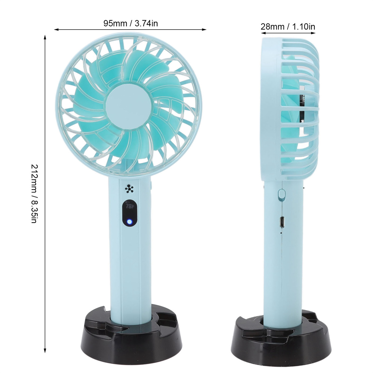 Tragbarer blauer Ventilator mit Ständer, Vorder- und Seitenansicht.