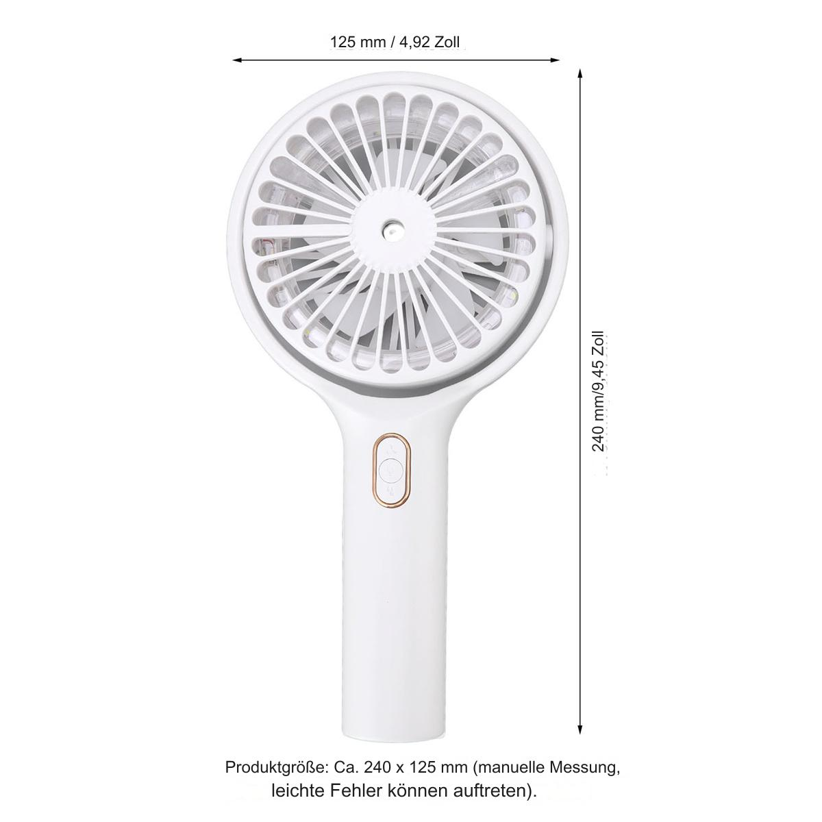 Weißer Handventilator. Er hat einen kreisförmigen Fankopf mit Flügeln und einen Griff. Abmessungen sind 240x125 mm.