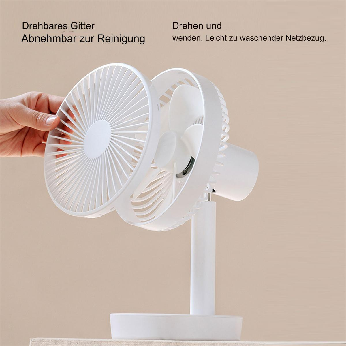 Weißer Ventilator mit rotierenden Flügeln. Eine Hand dreht die Frontabdeckung. Hellbeiger Hintergrund.