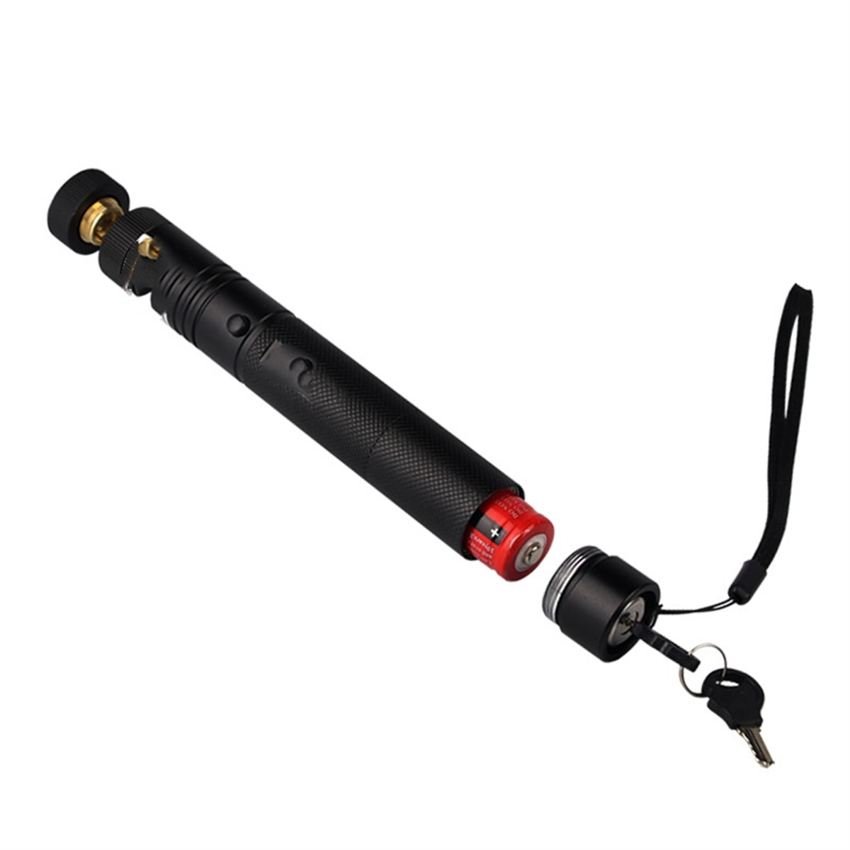 Ein schwarzer Laserpointer mit Schlüssel, Batterien und Riemen. Das Gerät ist teilweise zerlegt.