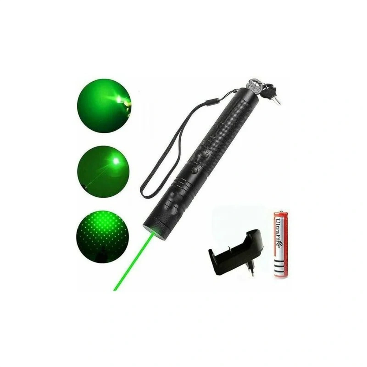 Schwarzer Laserpointer mit grünem Strahl, grünen Kreiszielen, Batterie und Ladegerät.