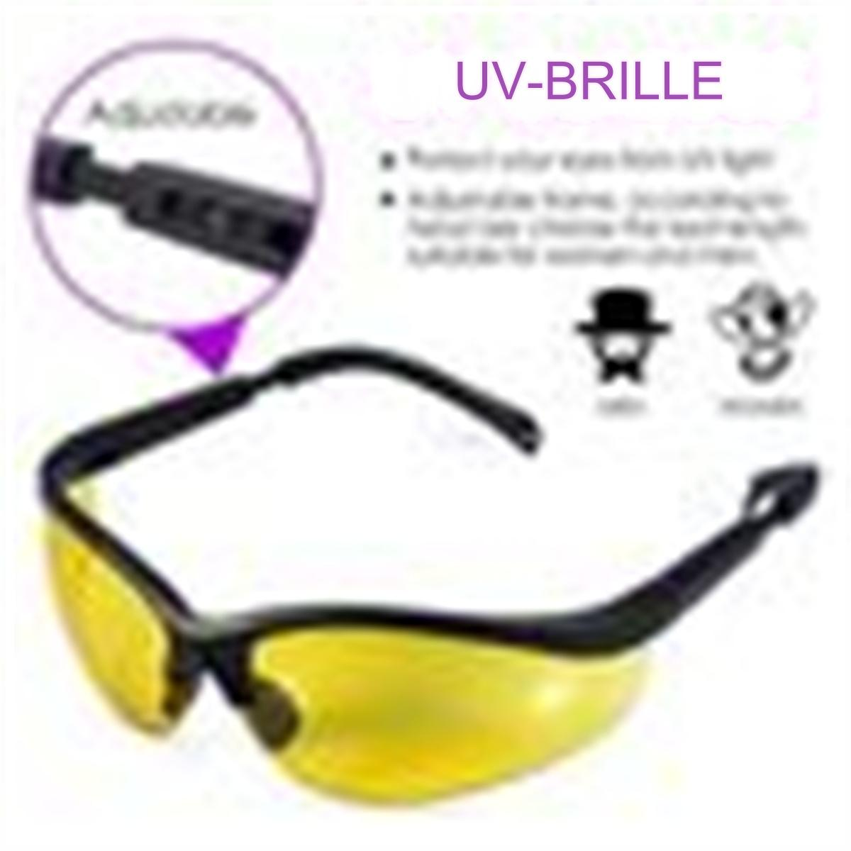Gelbe UV-Schutzbrille mit schwarzen Rahmen, vergrößertem Scharnierdetail und Symbolen.