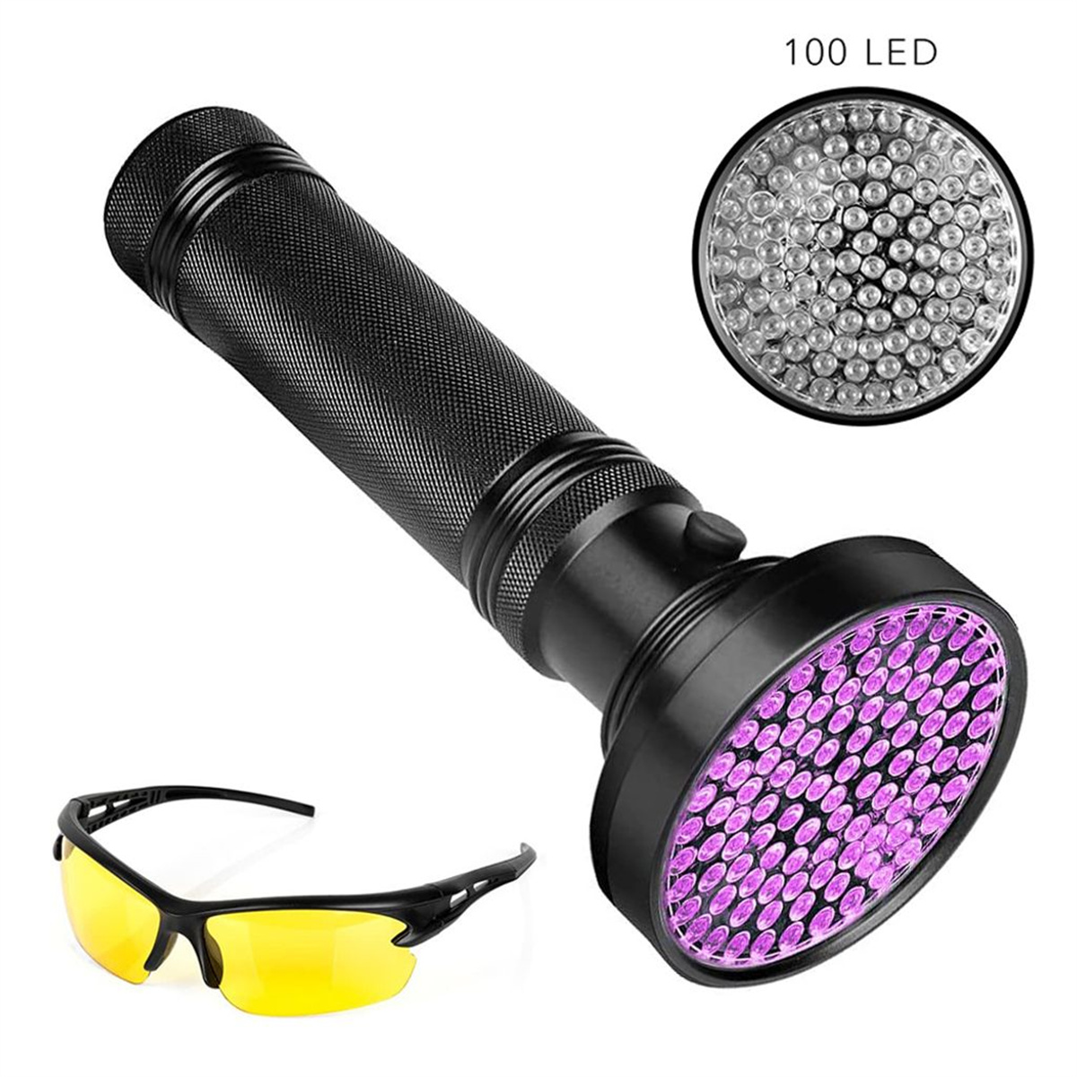 Schwarze UV-Taschenlampe mit 100 LEDs und gelb getönter Schutzbrille.