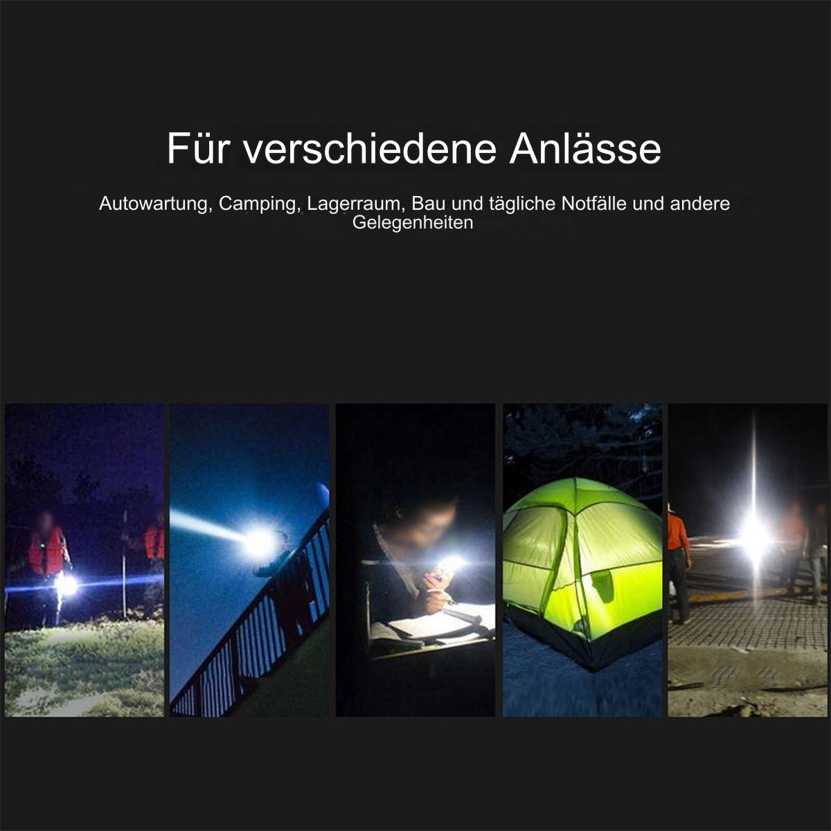 Mehrere Verwendungen einer Taschenlampe. Beinhaltet Camping, Autoreparatur und nächtliche Aktivitäten.