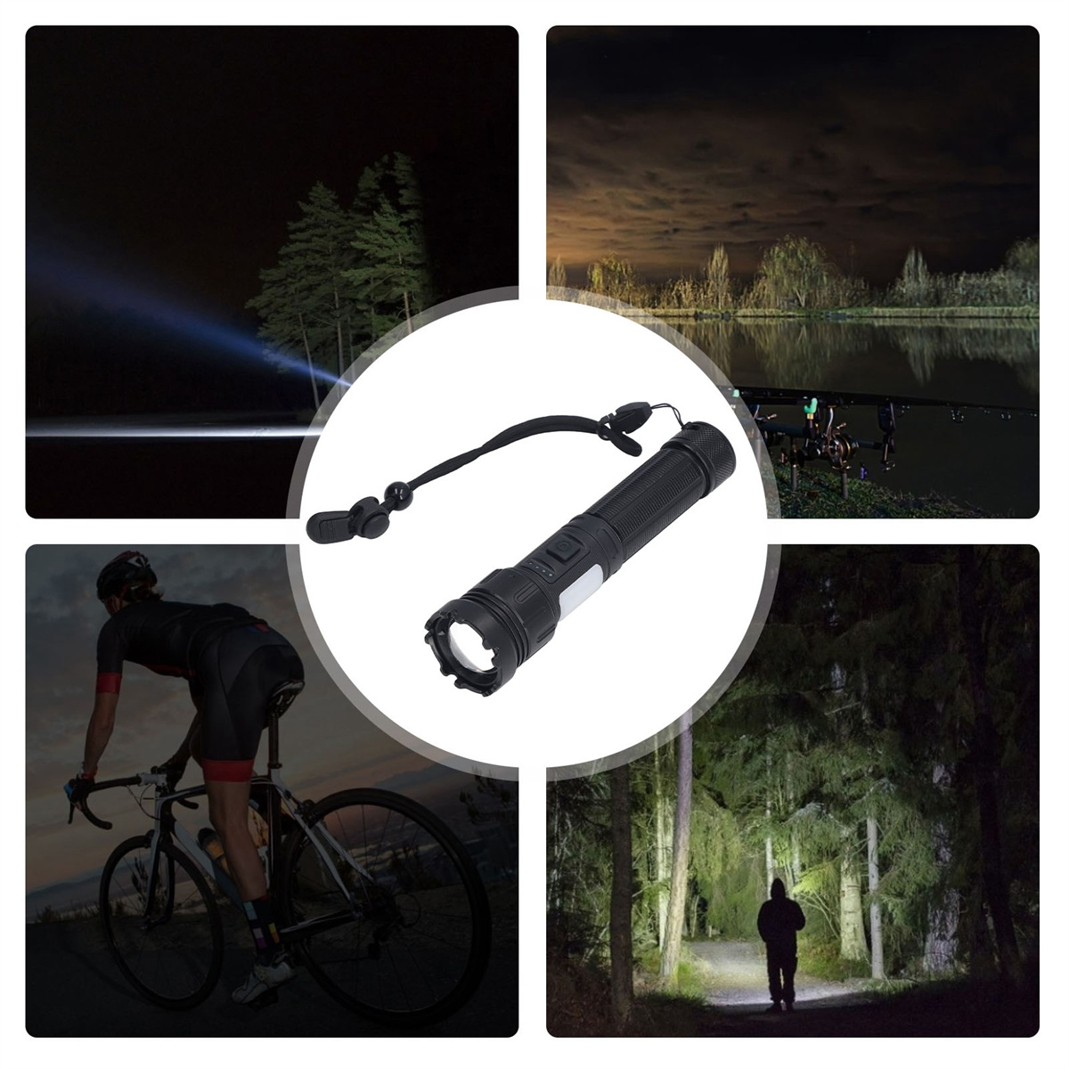 Schwarze Taschenlampe in verschiedenen Szenen: Wald, Nacht, Radfahrer und Wasser. Hat einen Riemen.
