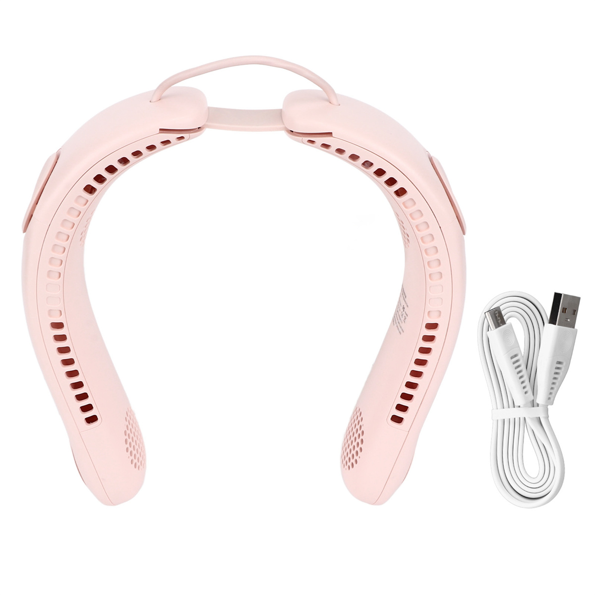 Rosa Nackenventilator mit weißem USB-Kabel auf weißem Hintergrund.