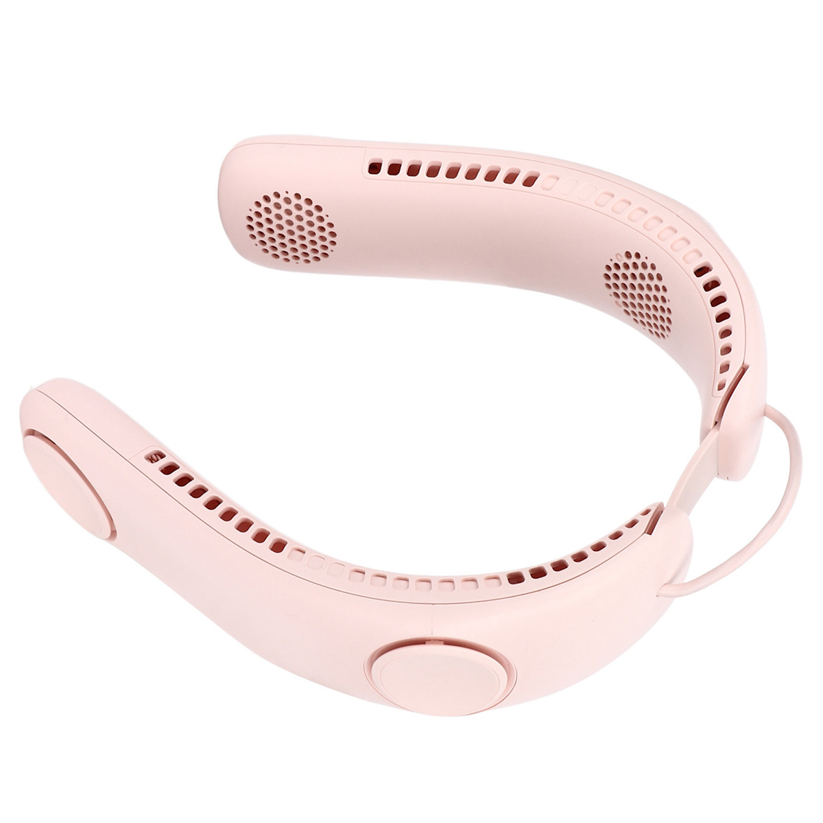 Pinker Nackenventilator, geschwungenes Design mit mehreren Luftauslässen und Bedientasten.