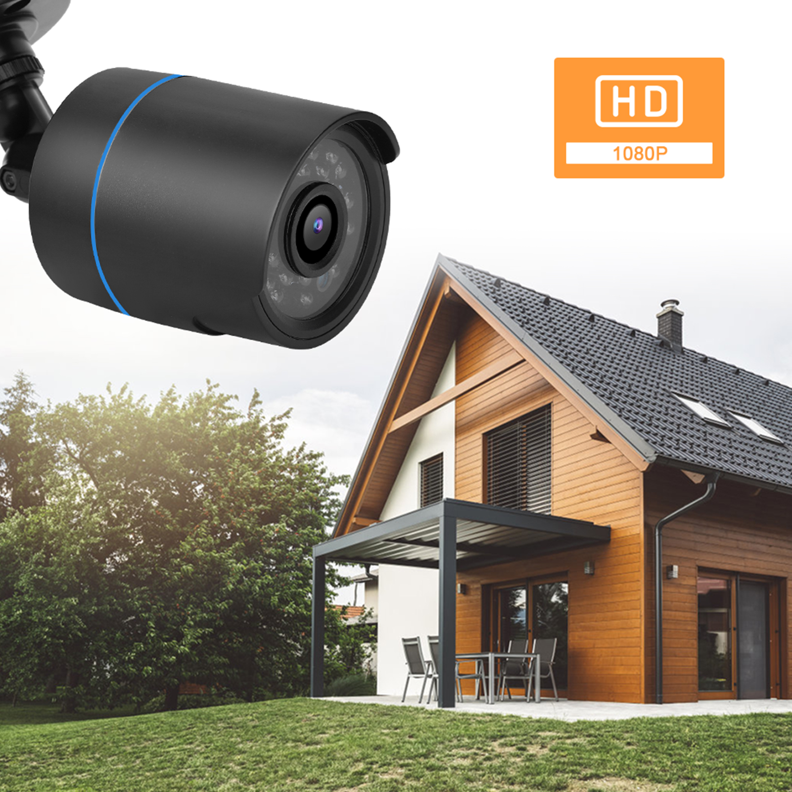 Eine schwarze Überwachungskamera an einem Haus. Ein HD 1080P-Symbol wird neben der Kamera angezeigt.