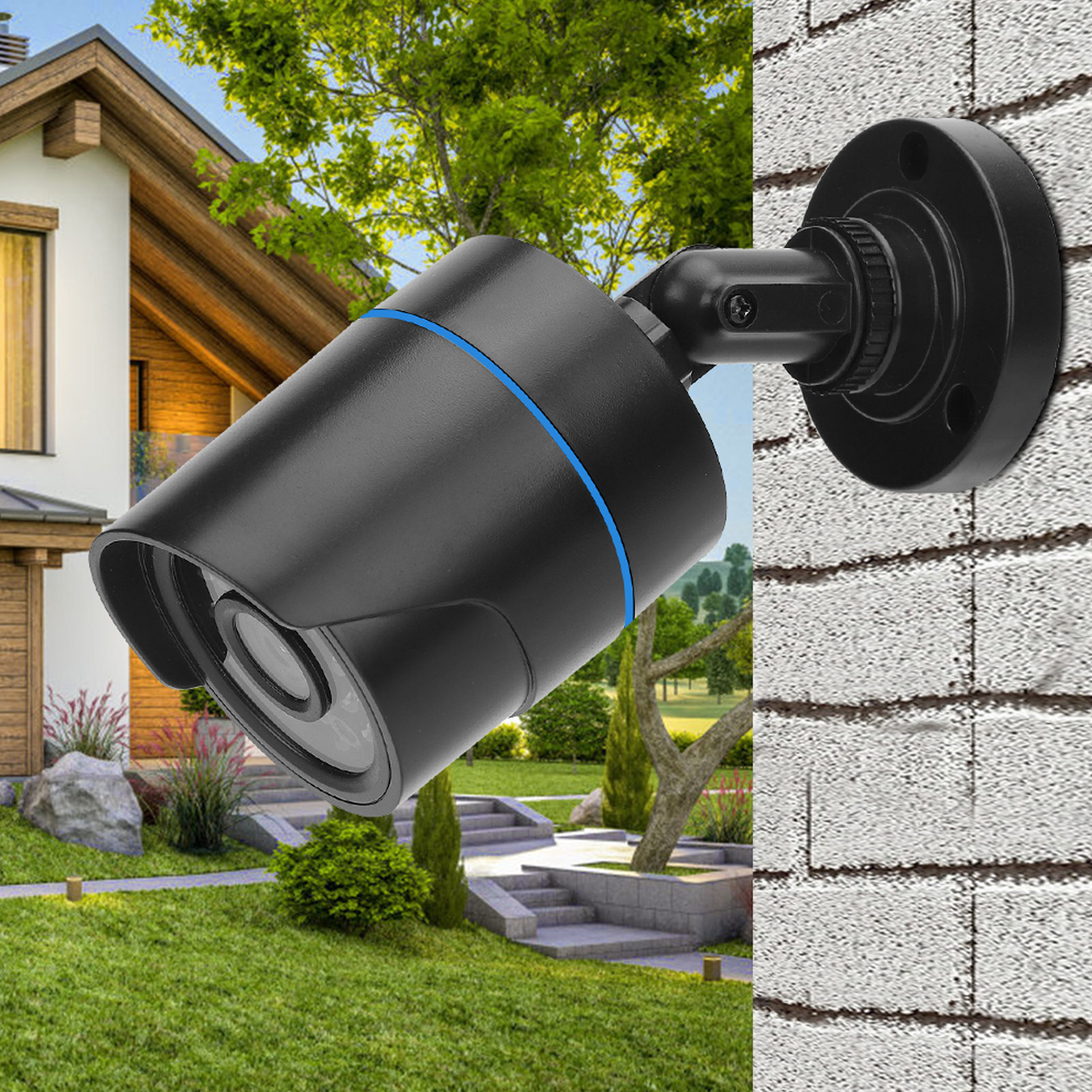 Eine schwarze Überwachungskamera an einer weißen Ziegelmauer, gerichtet auf einen Garten mit Bäumen und Gras.