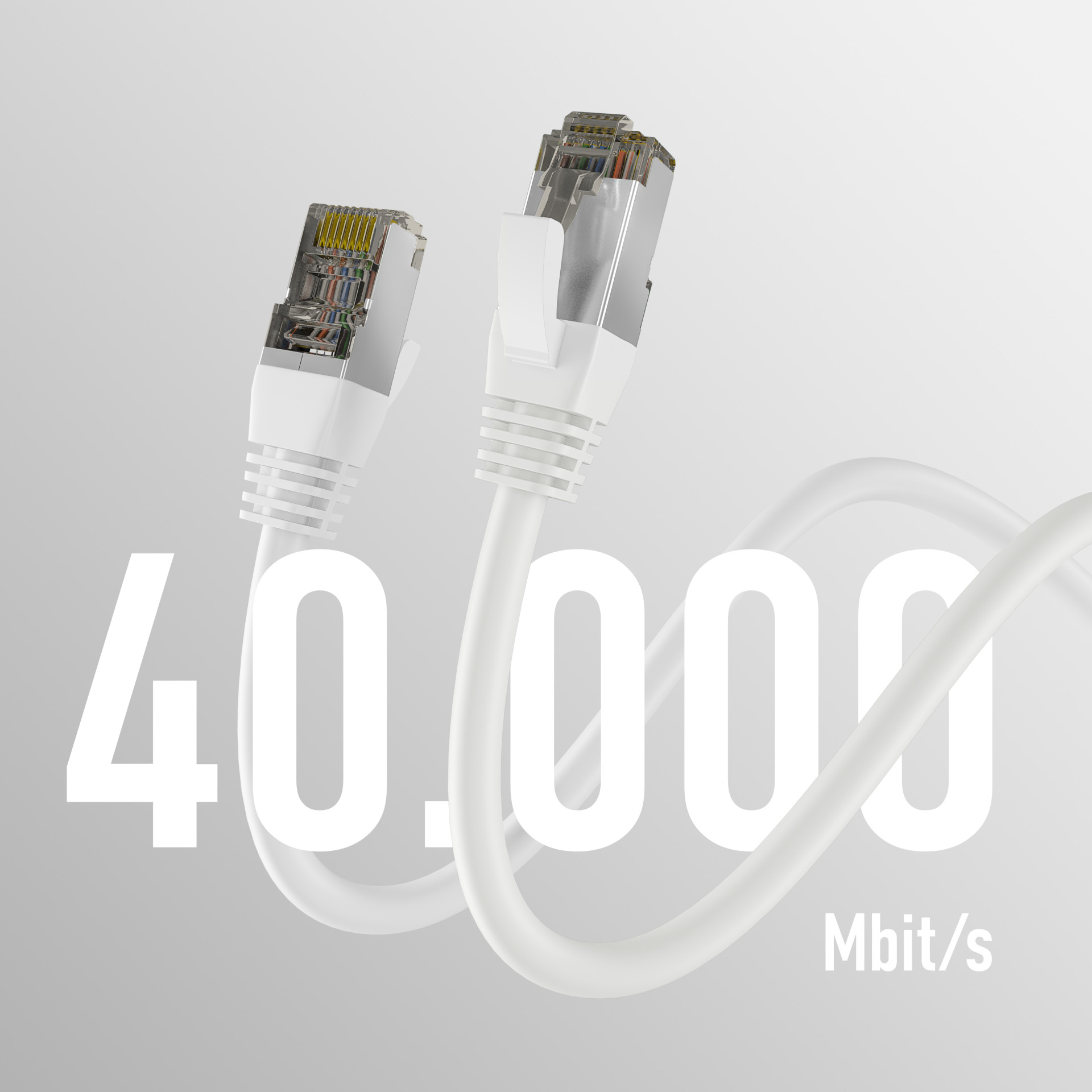 Dwa białe kable sieciowe ze złączami. Tekst 40.000 Mbit/s jest wyświetlany obok nich.