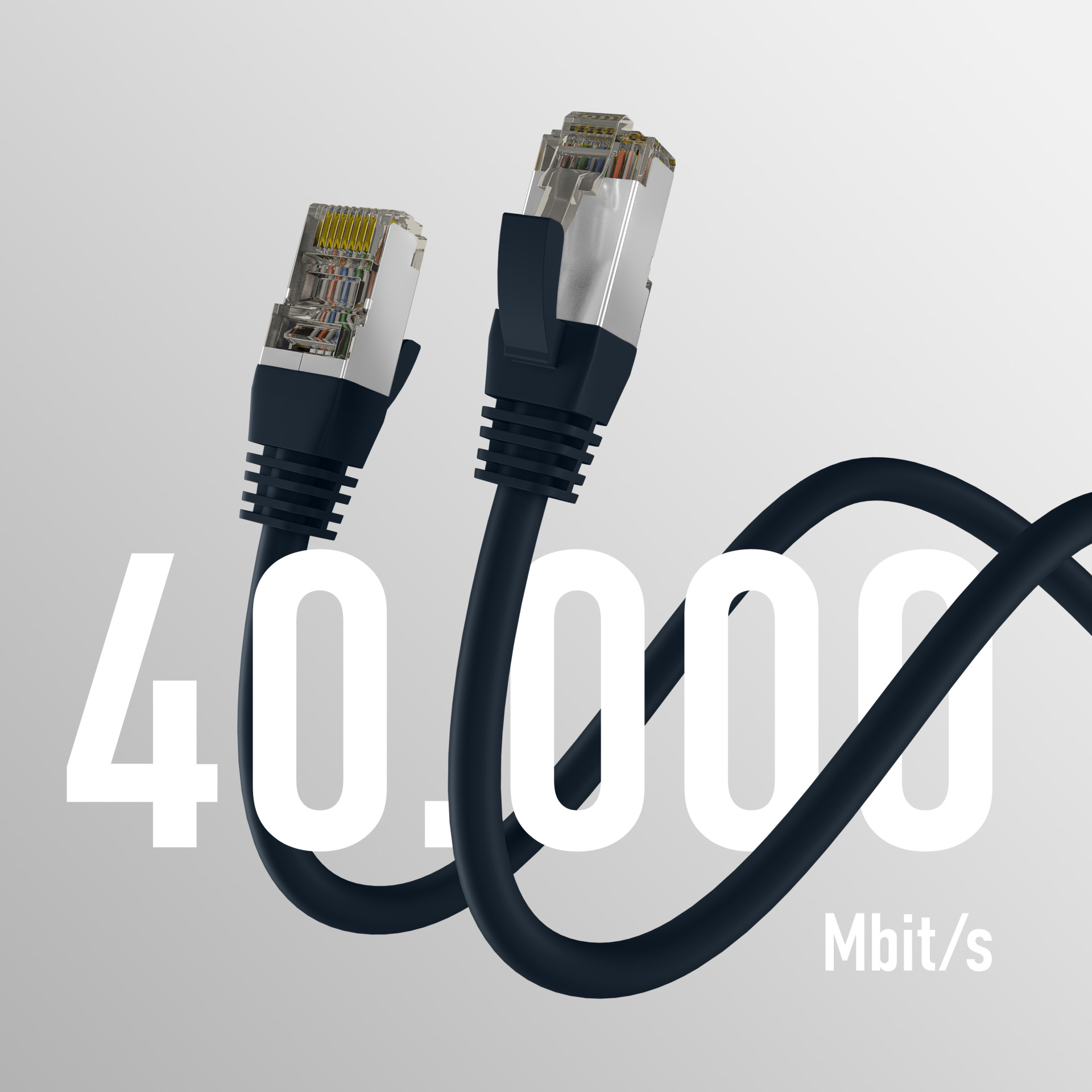 Dwa czarne kable sieciowe z wtykami RJ45. Wyświetlana jest liczba '40.000'.