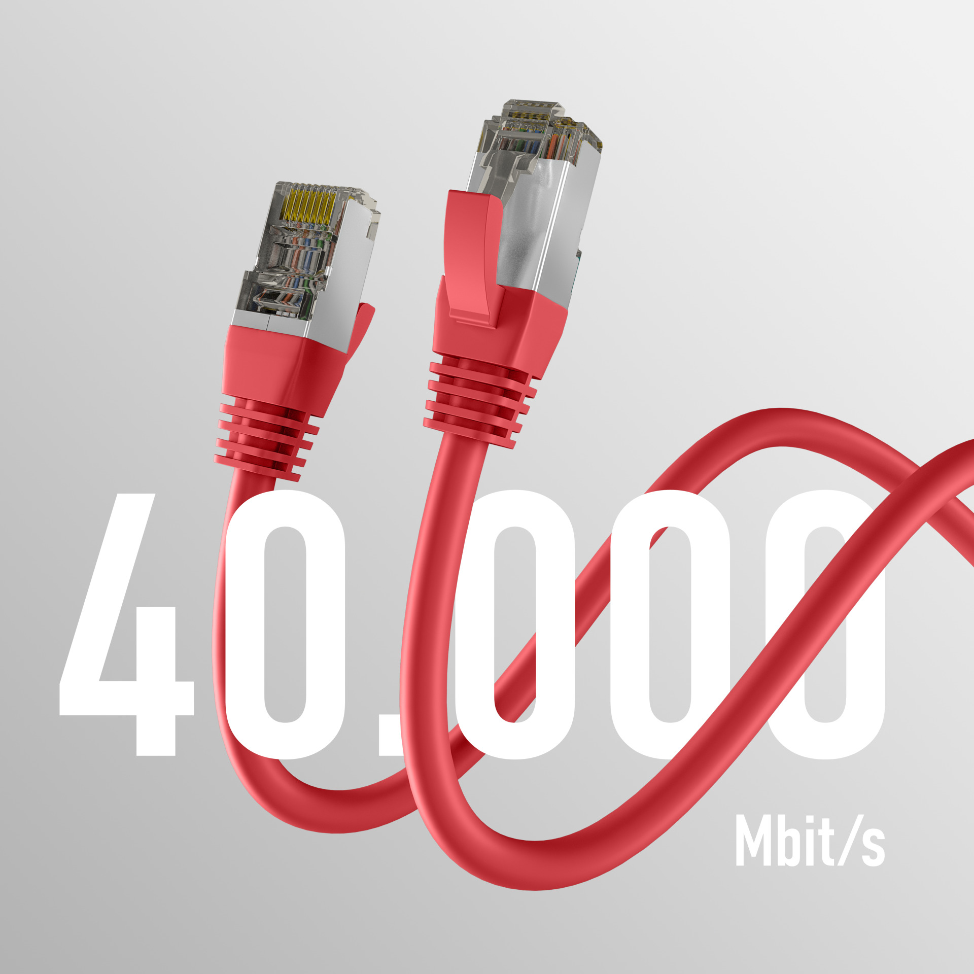 Dwa czerwone kable Ethernet. Tekst "40.000 Mbit/s" jest nałożony na kable.