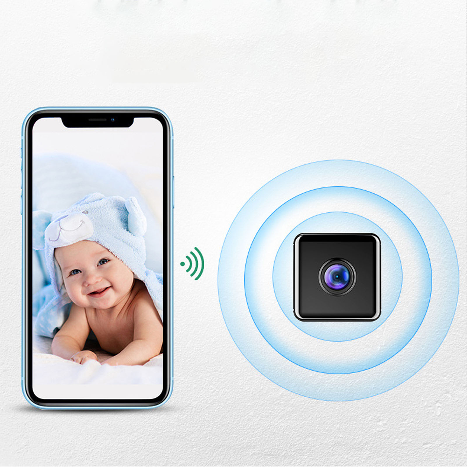 Babygesicht auf einem Telefonbildschirm, kleine schwarze Kamera rechts, Wellen drumherum.