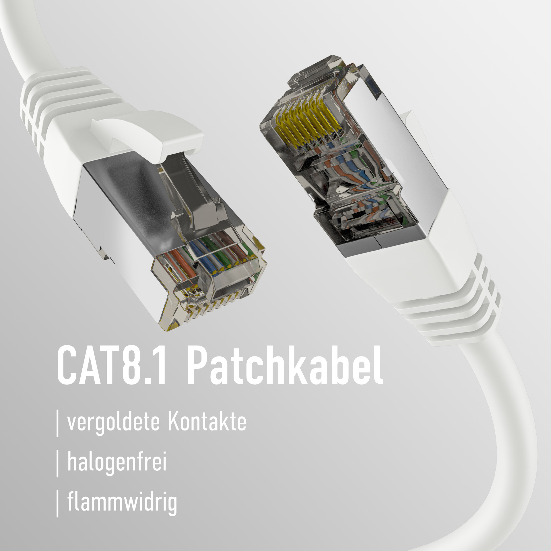 Białe kable sieciowe ze złączami. Tekst: CAT8.1 Patchkabel.
