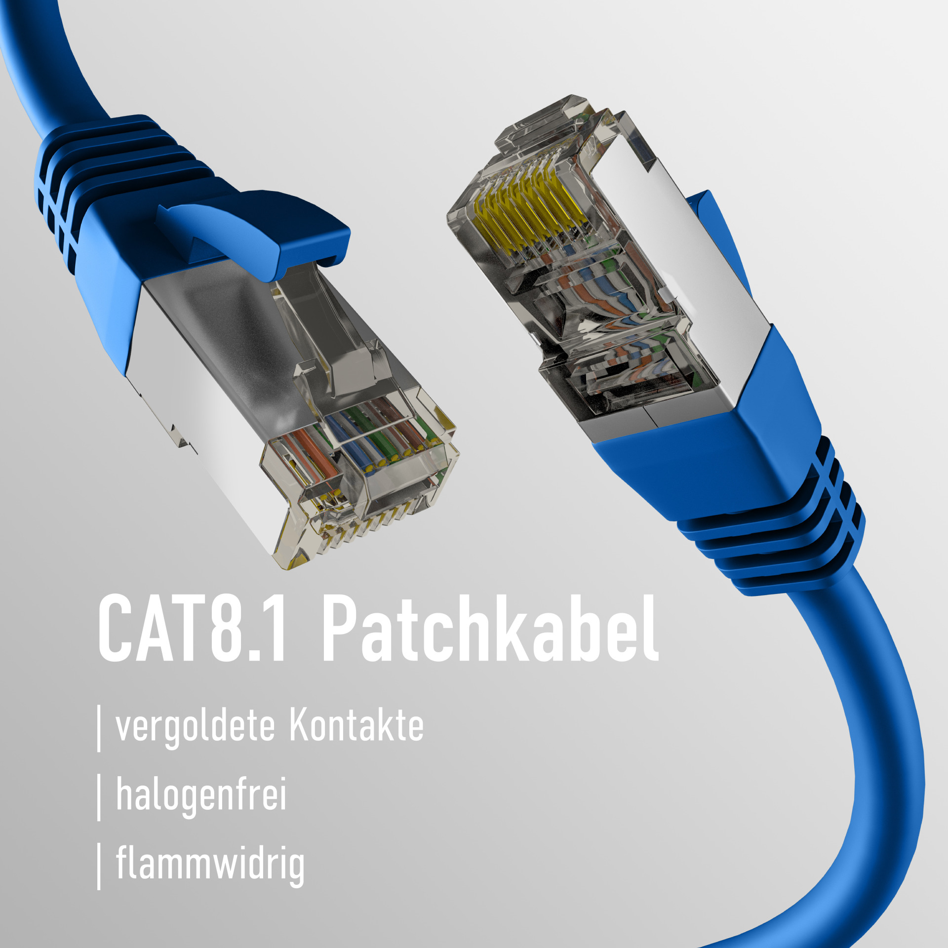 Nahaufnahme von Ethernet-Kabeln. Blaue Kabel, silberne Stecker mit Text "CAT8.1 Patchkabel" und Eigenschaften.