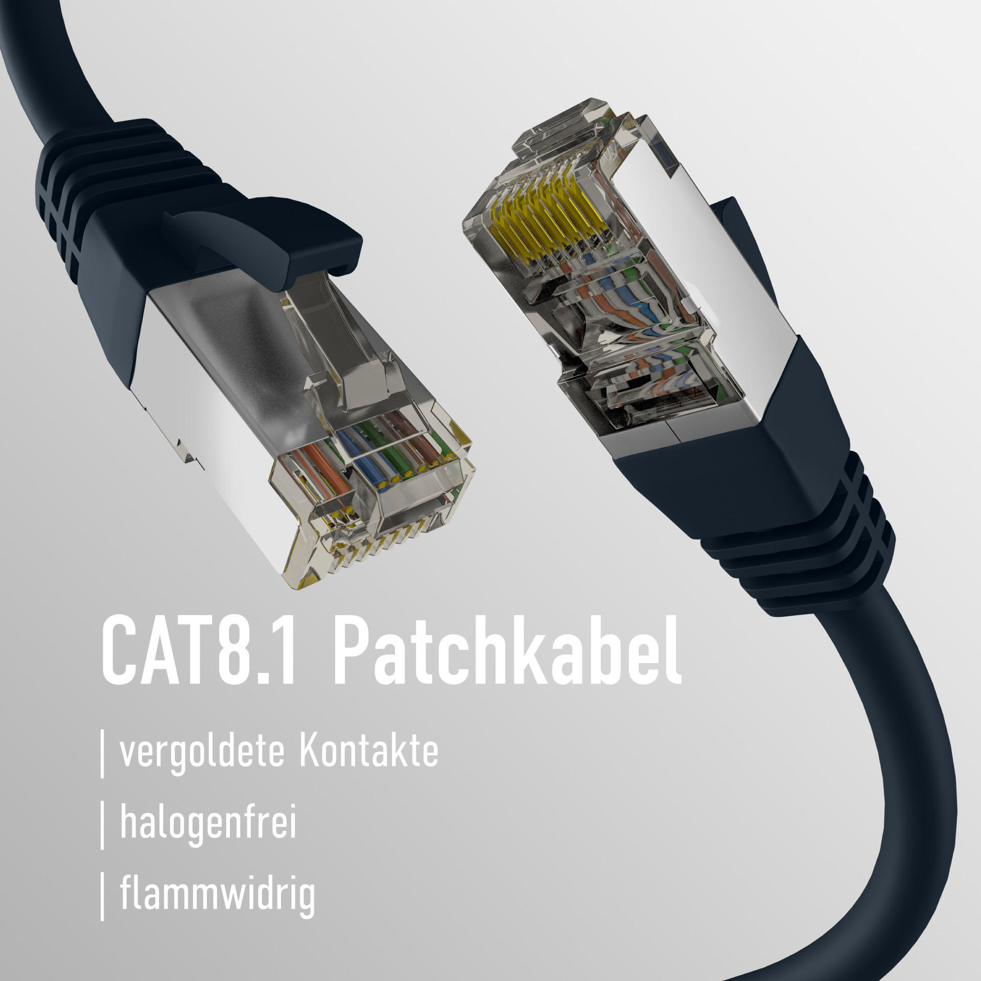 Dwa kable sieciowe ze srebrnymi złączami. Tekst: CAT8.1 Kabel krosowy, pozłacane styki, bezhalogenowy, ognioodporny.