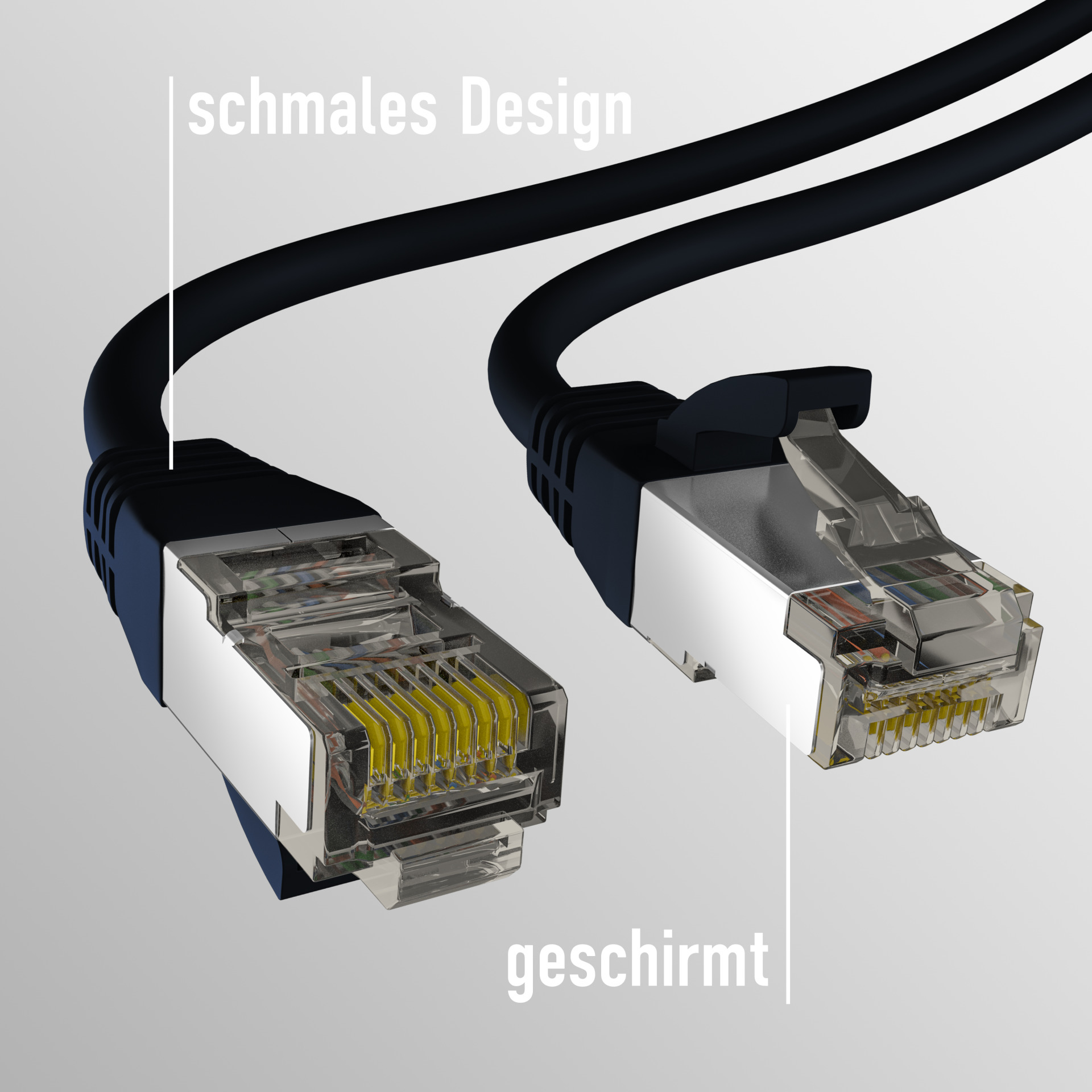 Dwa czarne kable Ethernet z przezroczystymi złączami. Złącza mają złote piny, białe tło.